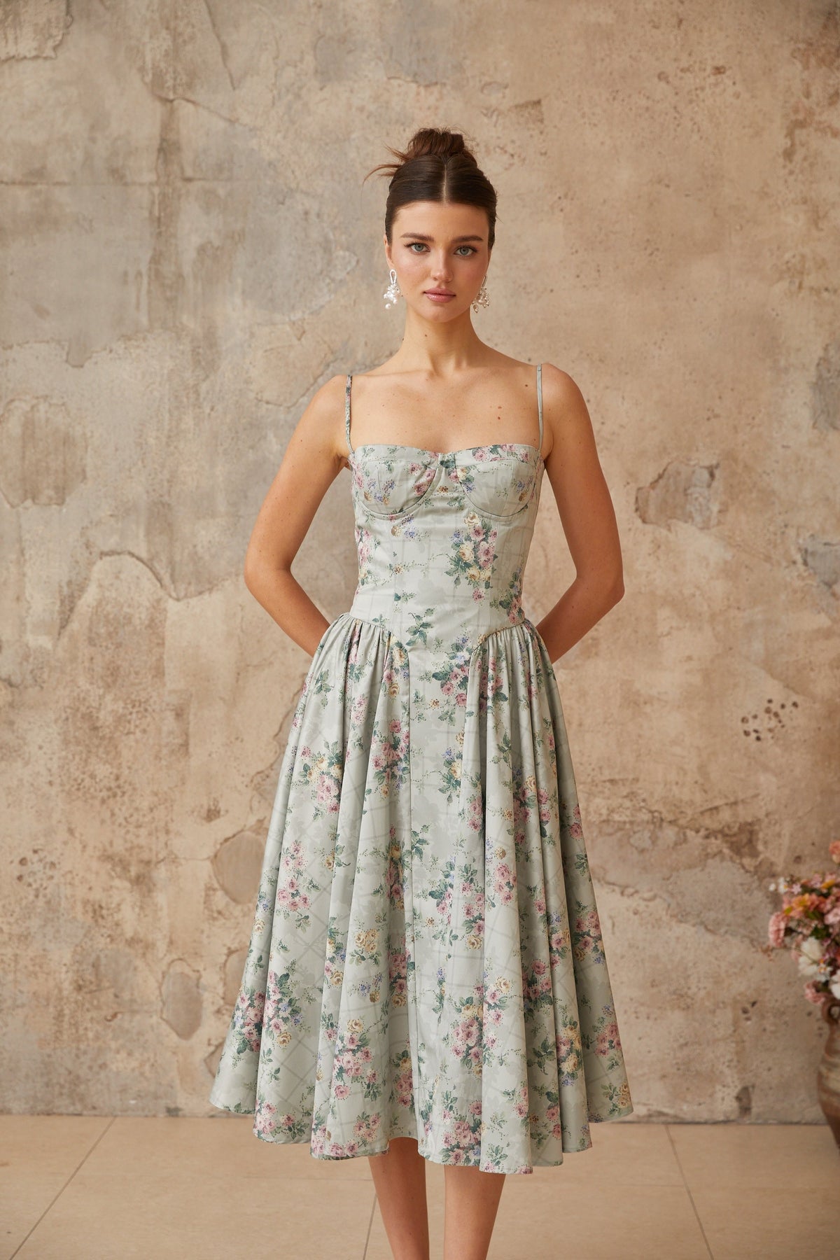 Prunelle sage-green floral-print shirred midi dress (Final Sale-US Only)