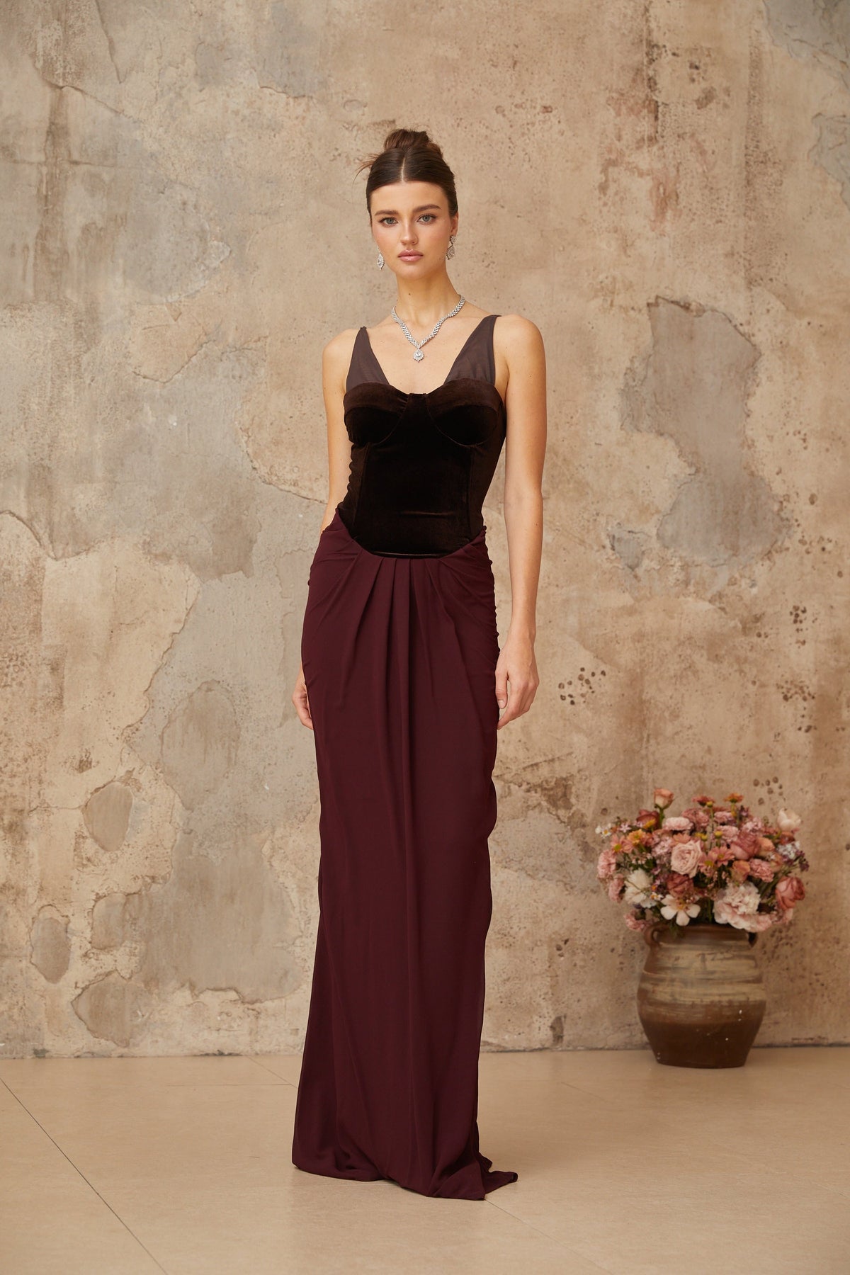 Ariane burgundy velvet-panel shirred maxi dress