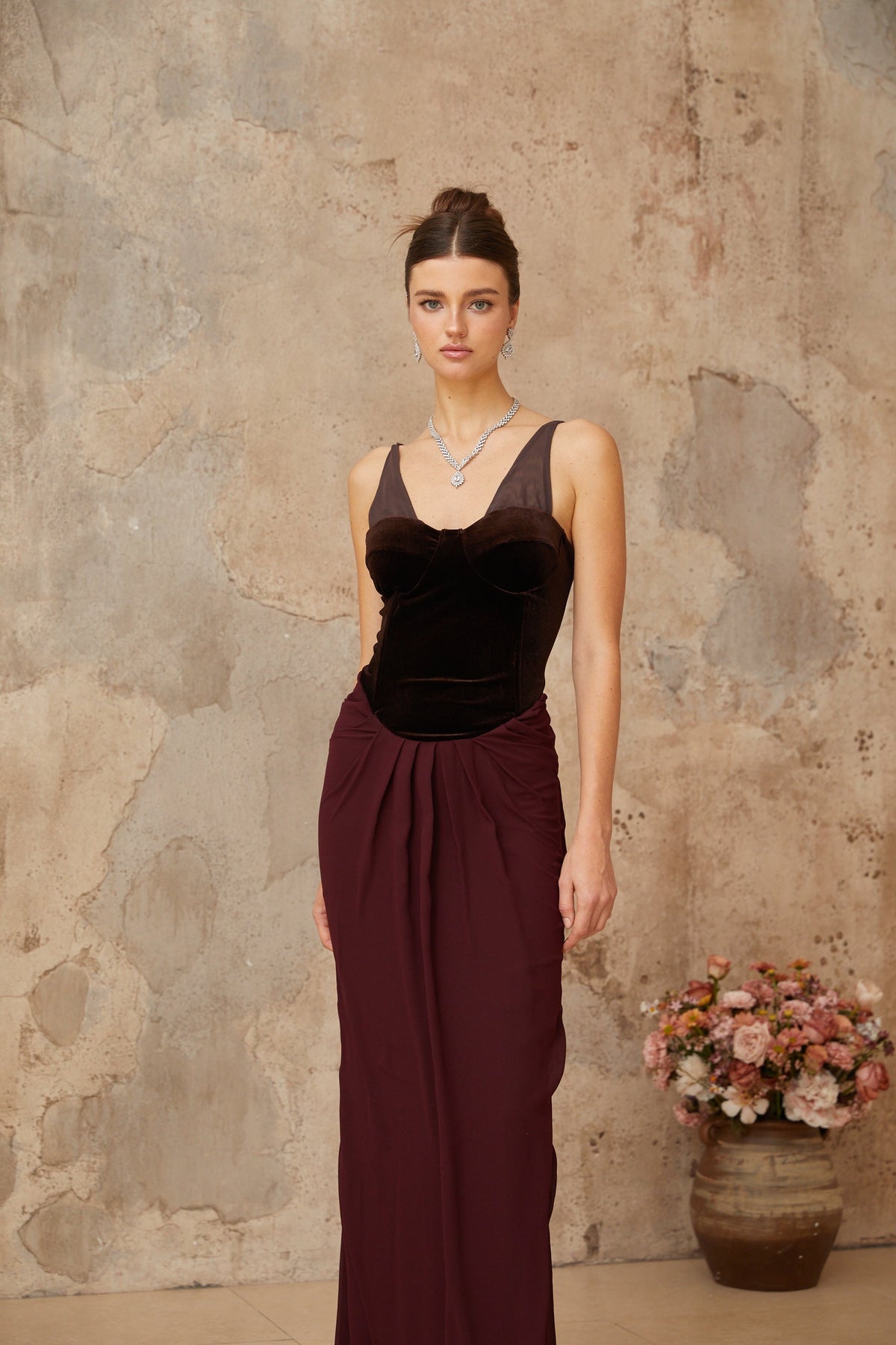 Ariane burgundy velvet-panel shirred maxi dress