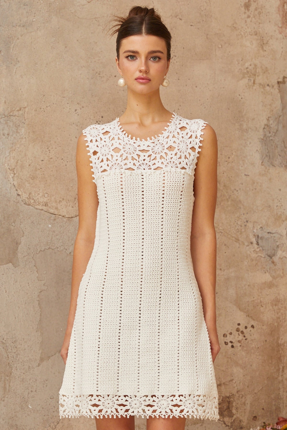Gisèle white floral-appliqué crochet-knit mini dress