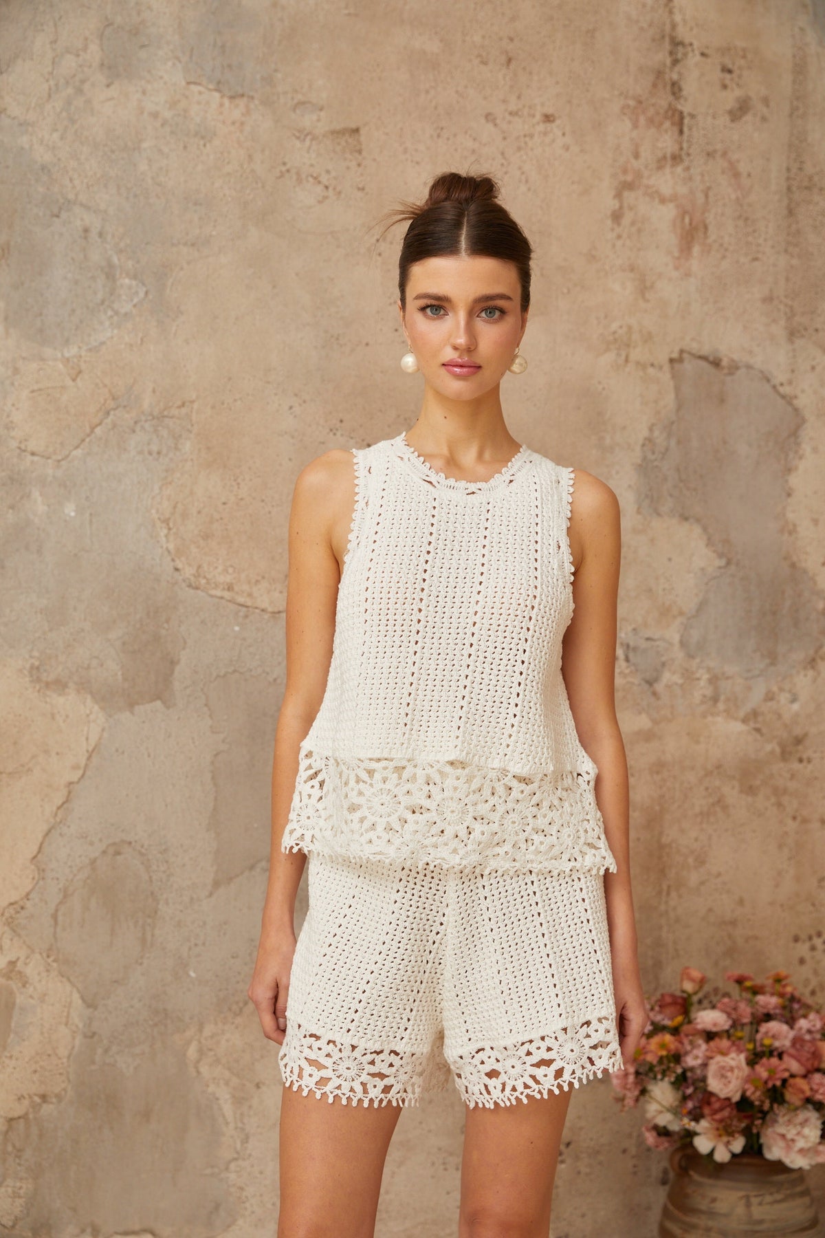 Gisèle White Floral Appliqué Crochet Knit Two-Piece Top and Shorts Set
