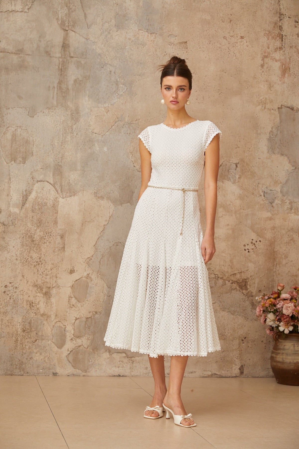Giada white shirred crochet-knit midi dress