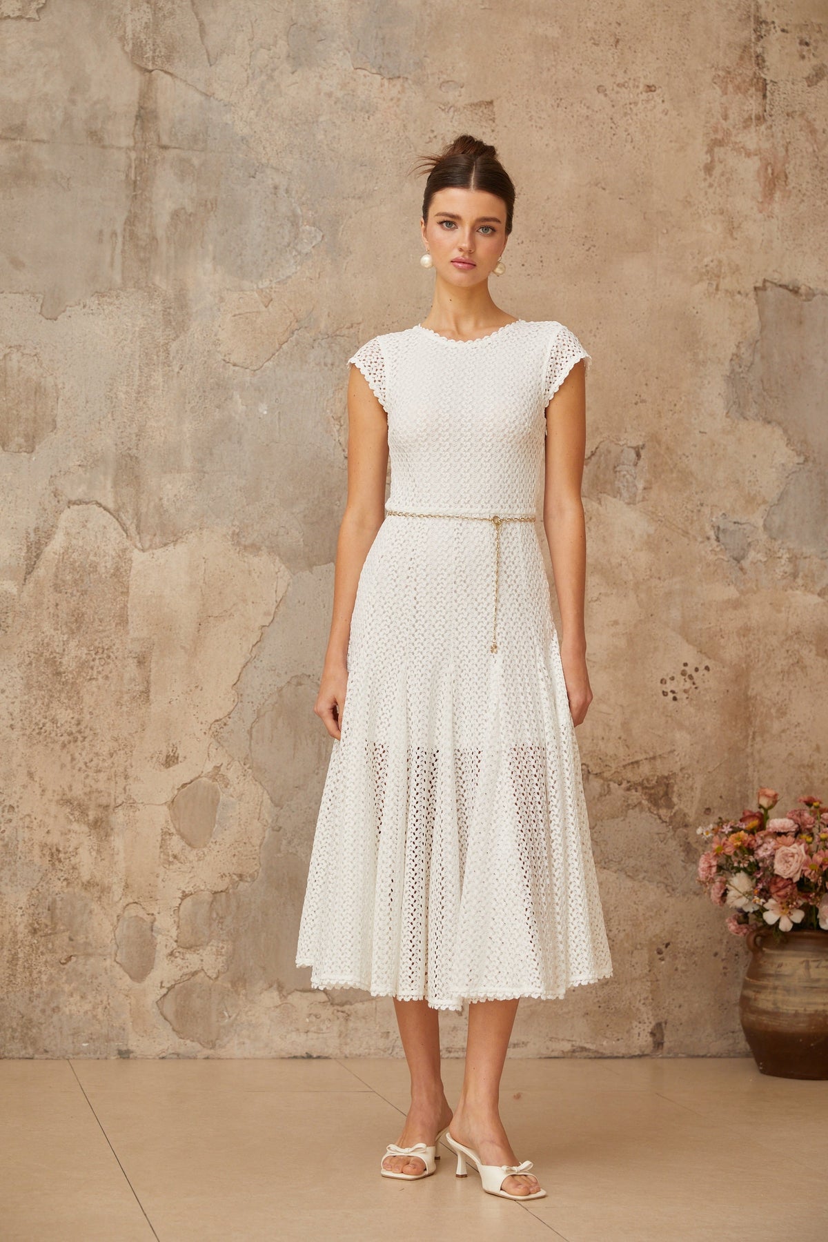 Giada white shirred crochet-knit midi dress