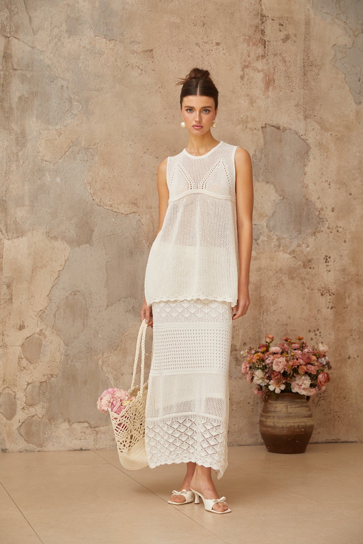 Irène White Cutout Crochet Knit Two-Piece Top and Skirt