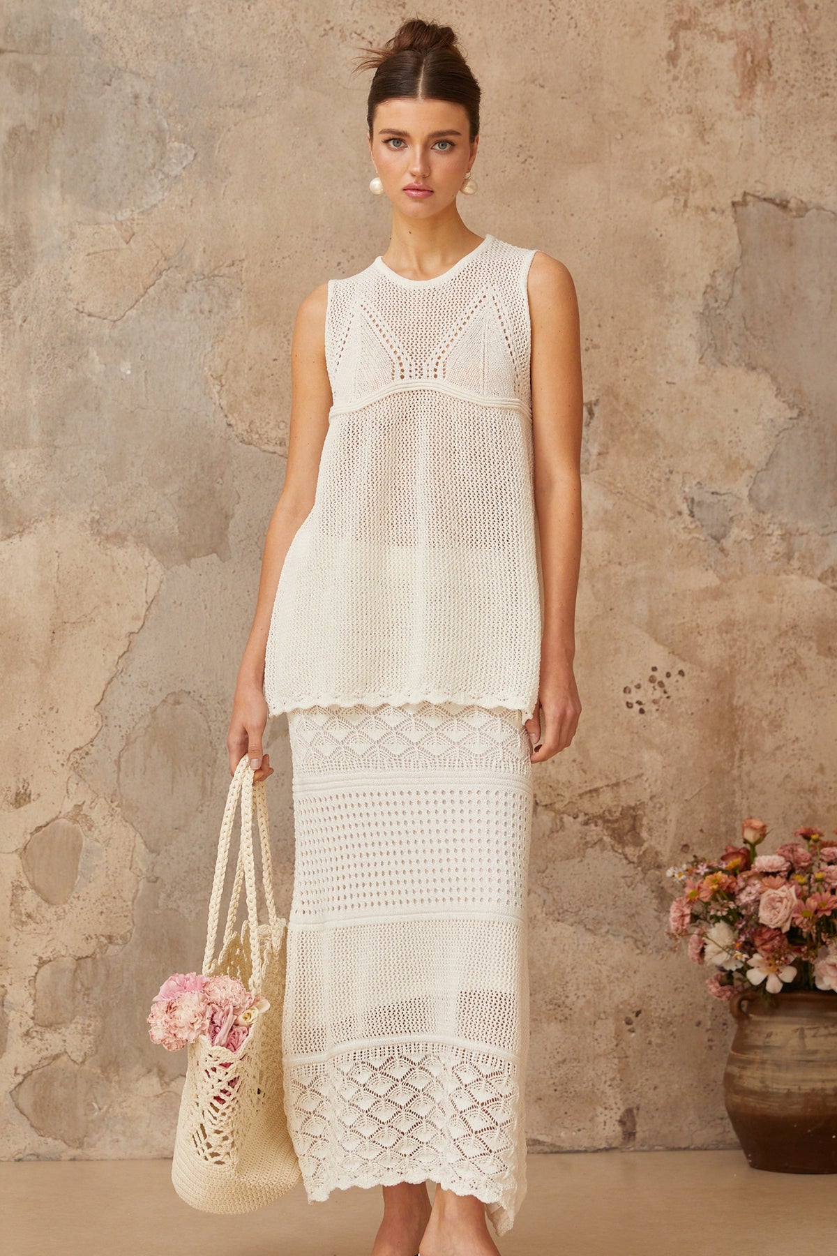 Irène White Cutout Crochet Knit Two-Piece Top and Skirt