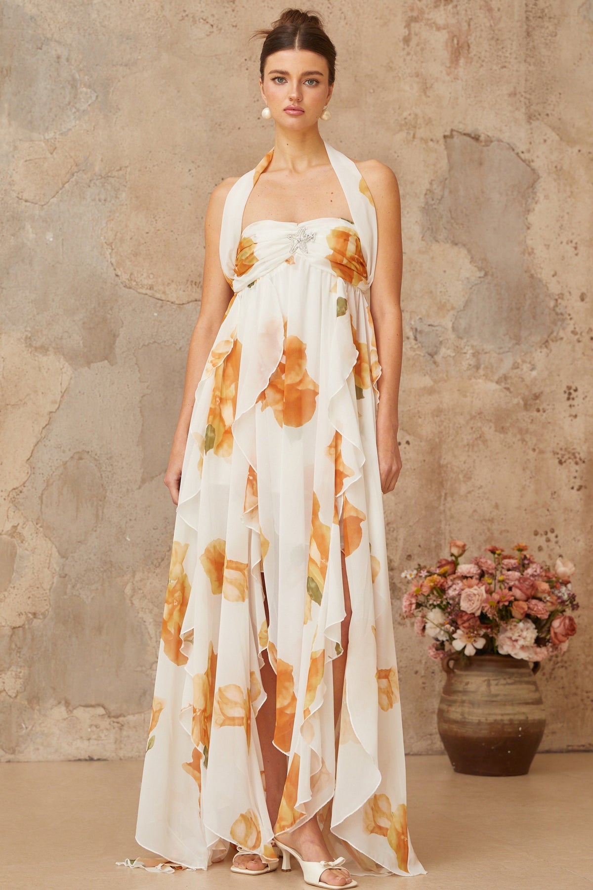 Mariah white floral-print ruffled tulle maxi dress