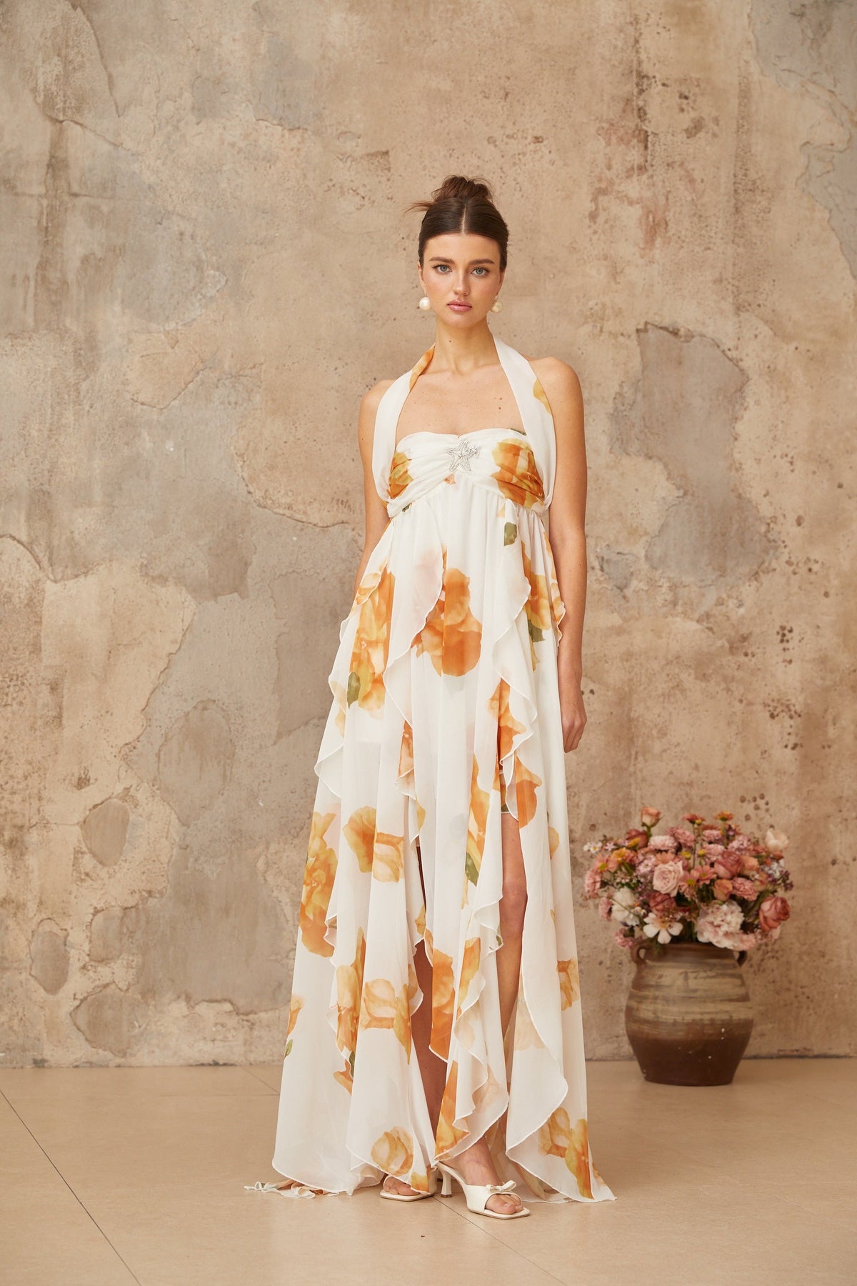 Mariah white floral-print ruffled tulle maxi dress