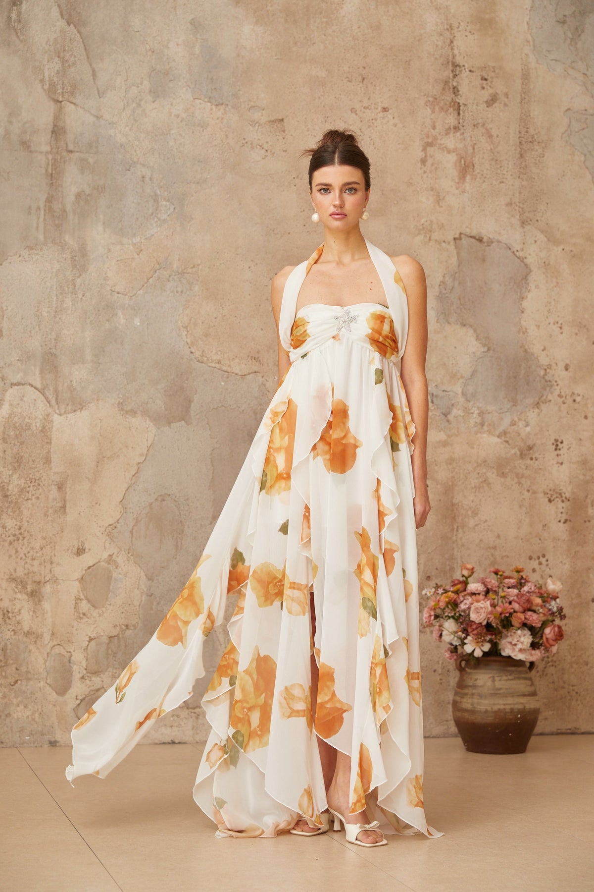 Mariah white floral-print ruffled tulle maxi dress