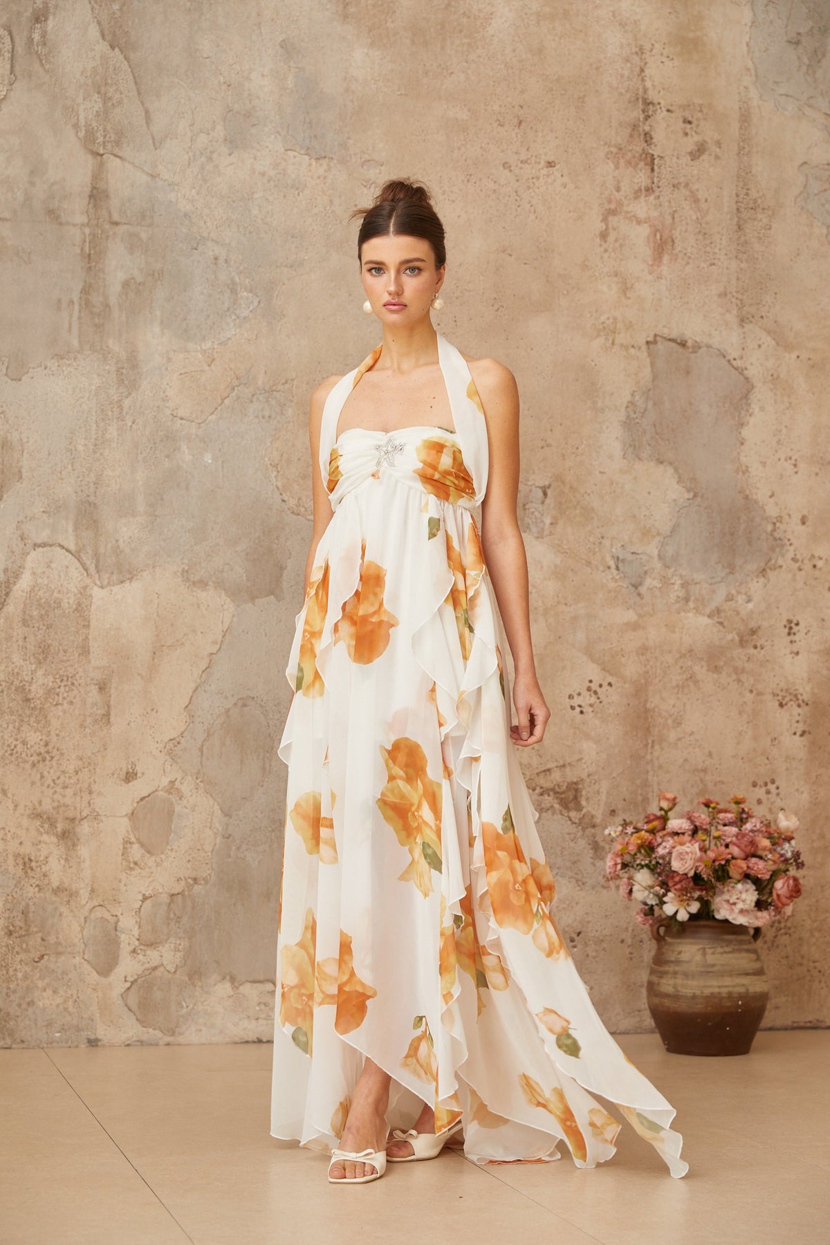 Mariah white floral-print ruffled tulle maxi dress