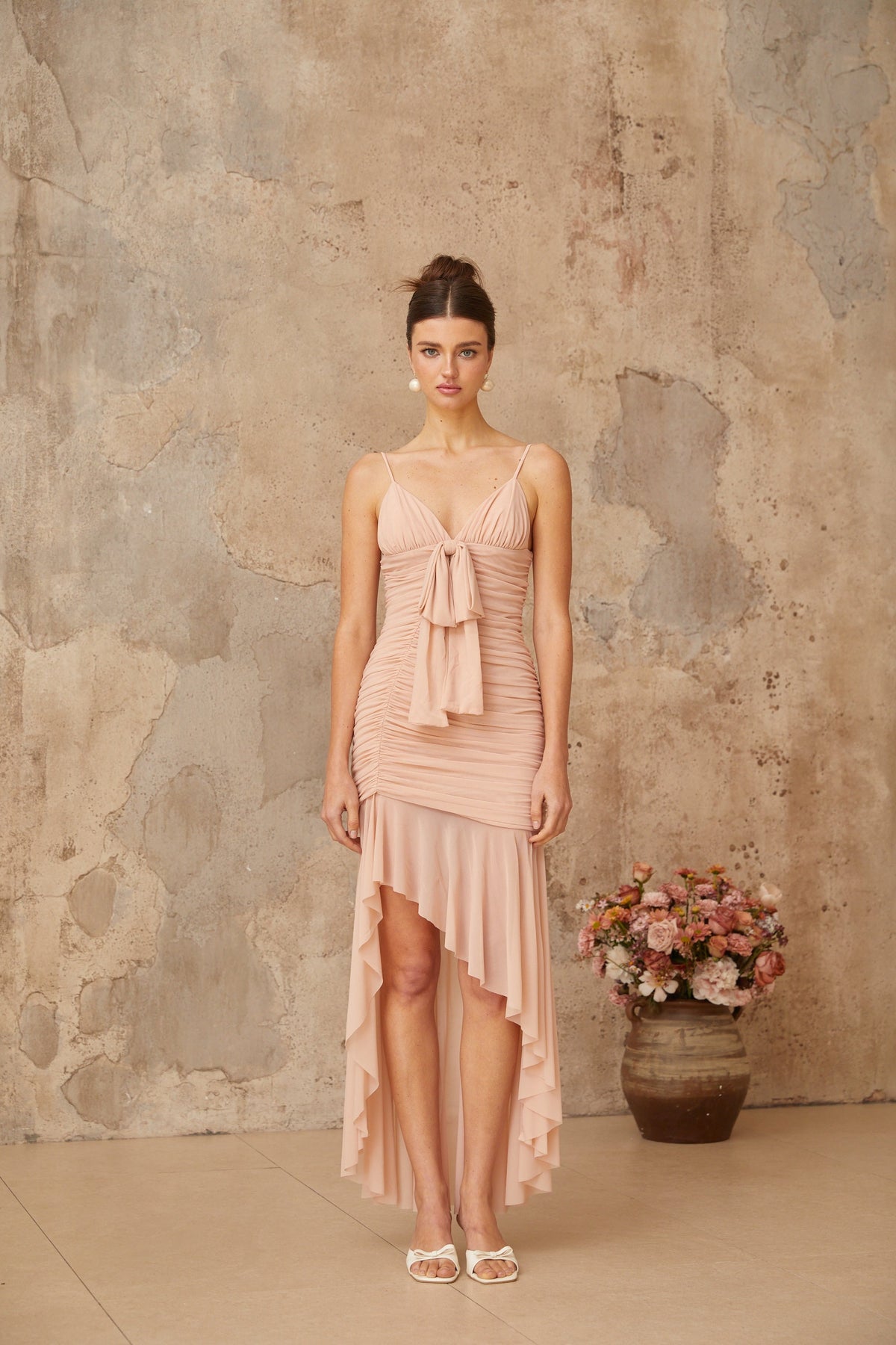 Giada Pink Asymmetrical Ruched Midi Dress