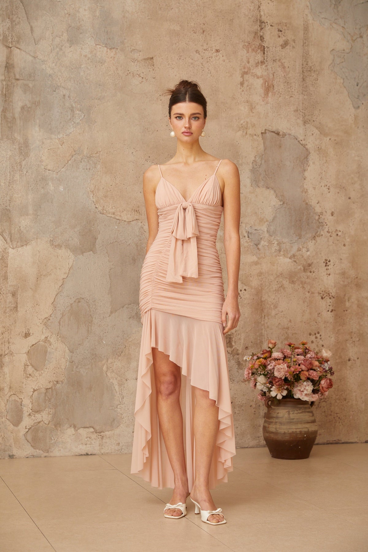 Giada Pink Asymmetrical Ruched Midi Dress