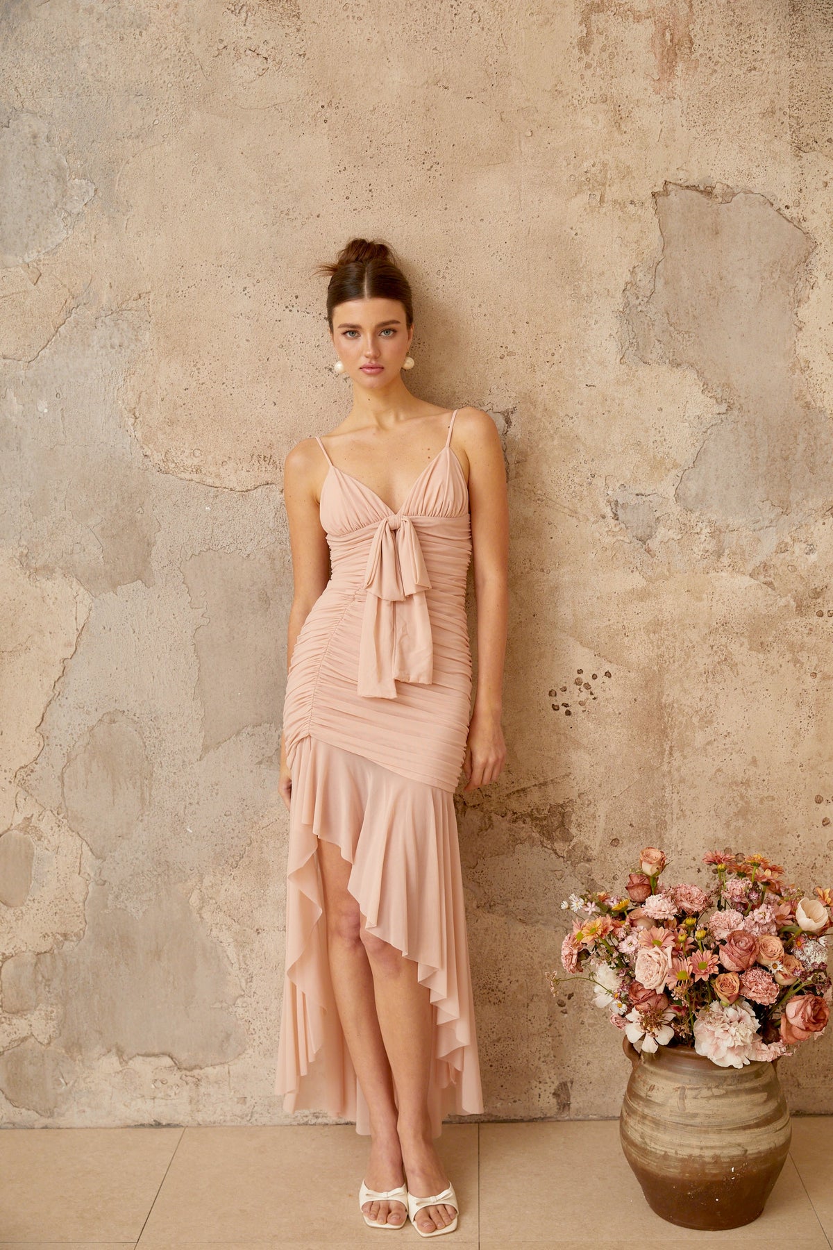 Giada Pink Asymmetrical Ruched Midi Dress