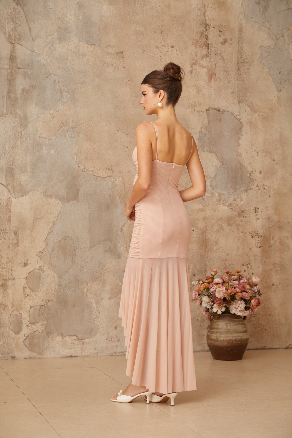 Giada Pink Asymmetrical Ruched Midi Dress