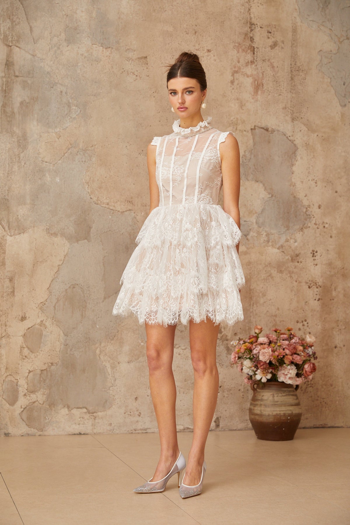 Thérèse white embellished floral-lace tiered mini dress (Final Sale)