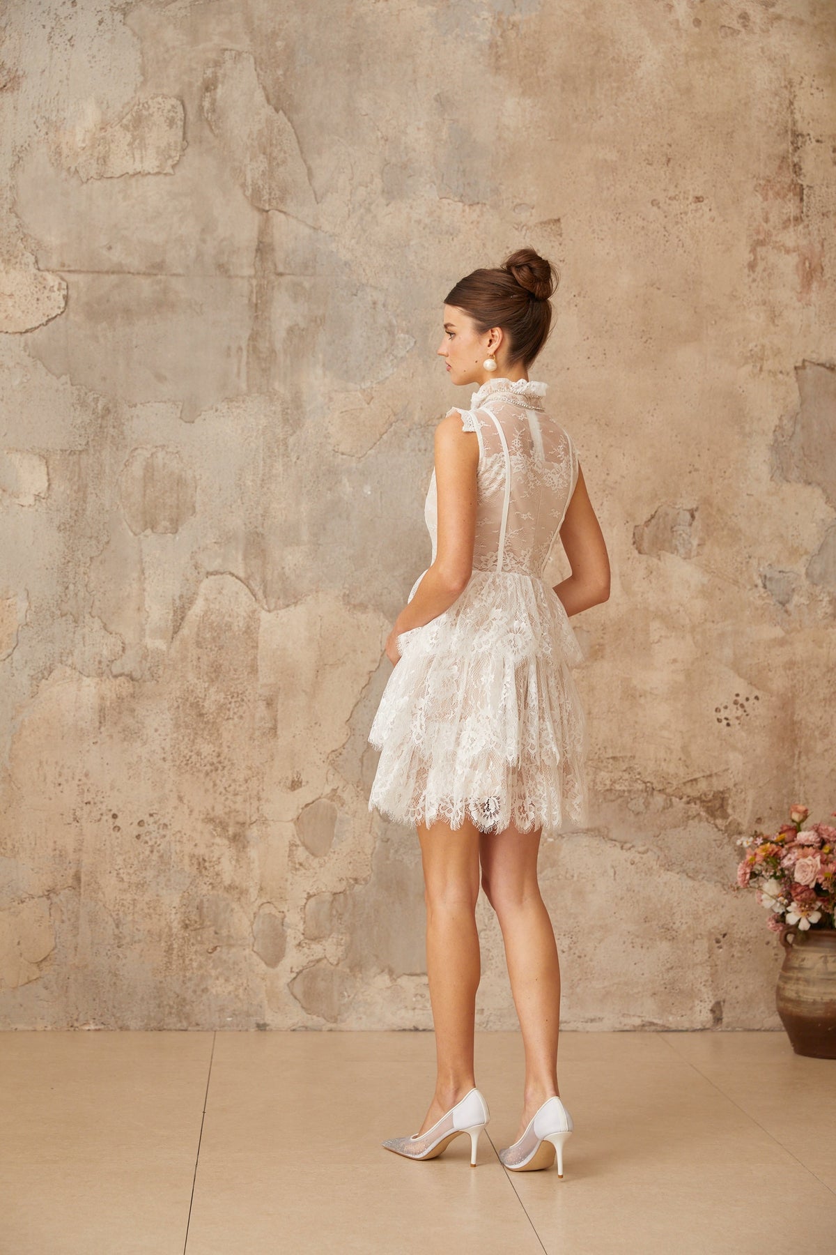 Thérèse white embellished floral-lace tiered mini dress (Final Sale)