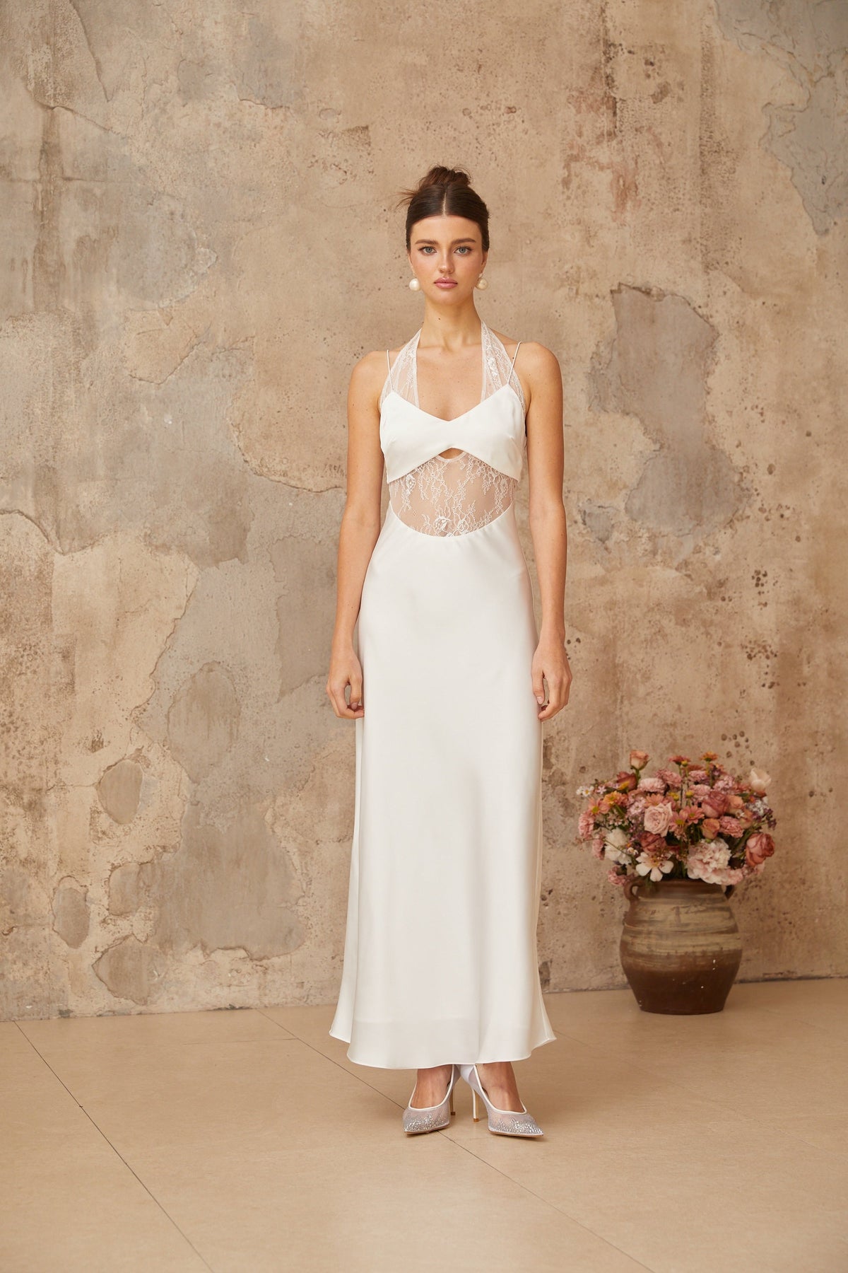 Blanche white lace-panel satin maxi dress (Final Sale-US Only)