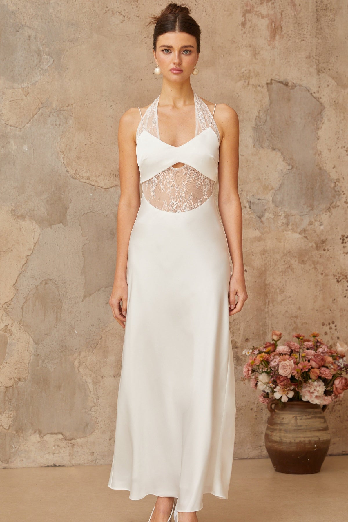 Blanche white lace-panel satin maxi dress (Final Sale-US Only)