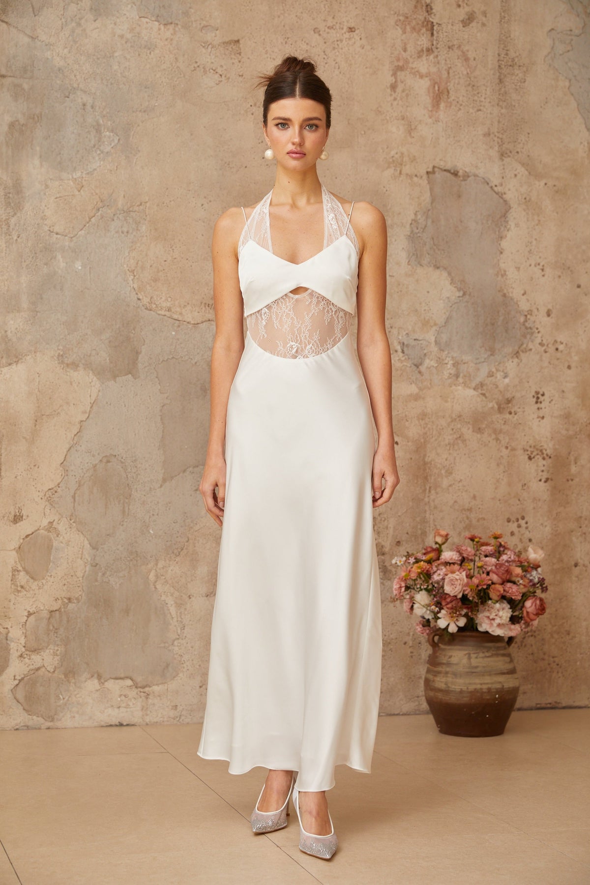 Blanche white lace-panel satin maxi dress (Final Sale)