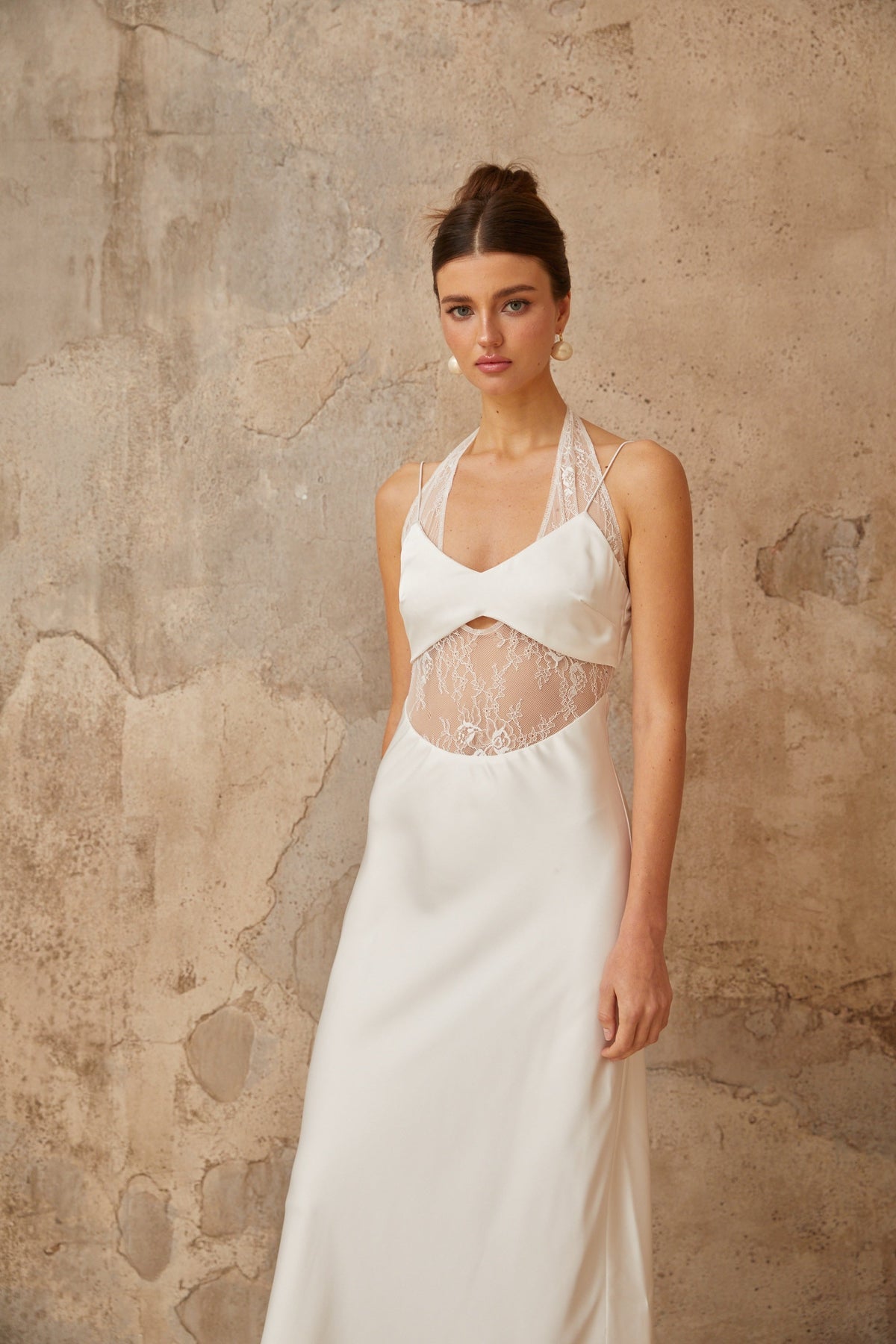 Blanche white lace-panel satin maxi dress (Final Sale)
