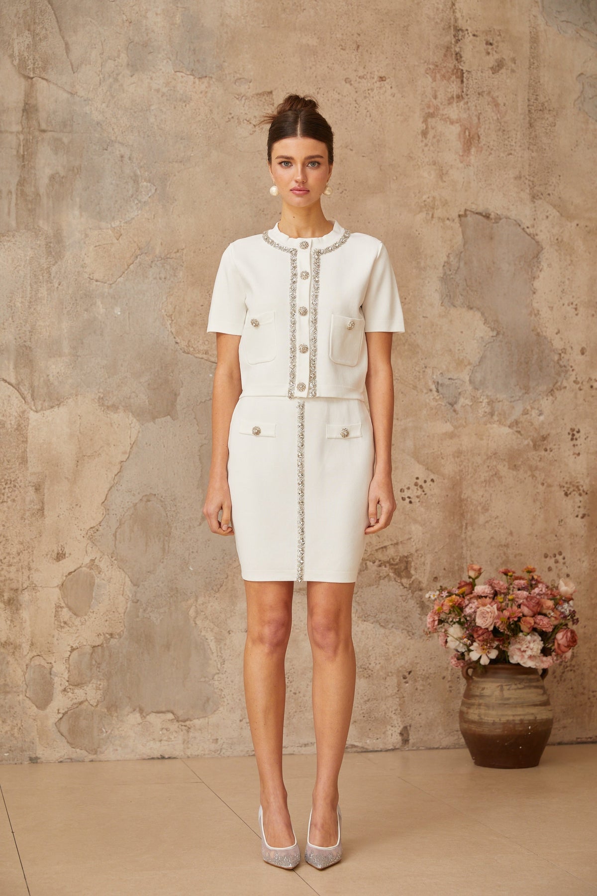 Aurore white crystal-embellished knit top & skirt matching set