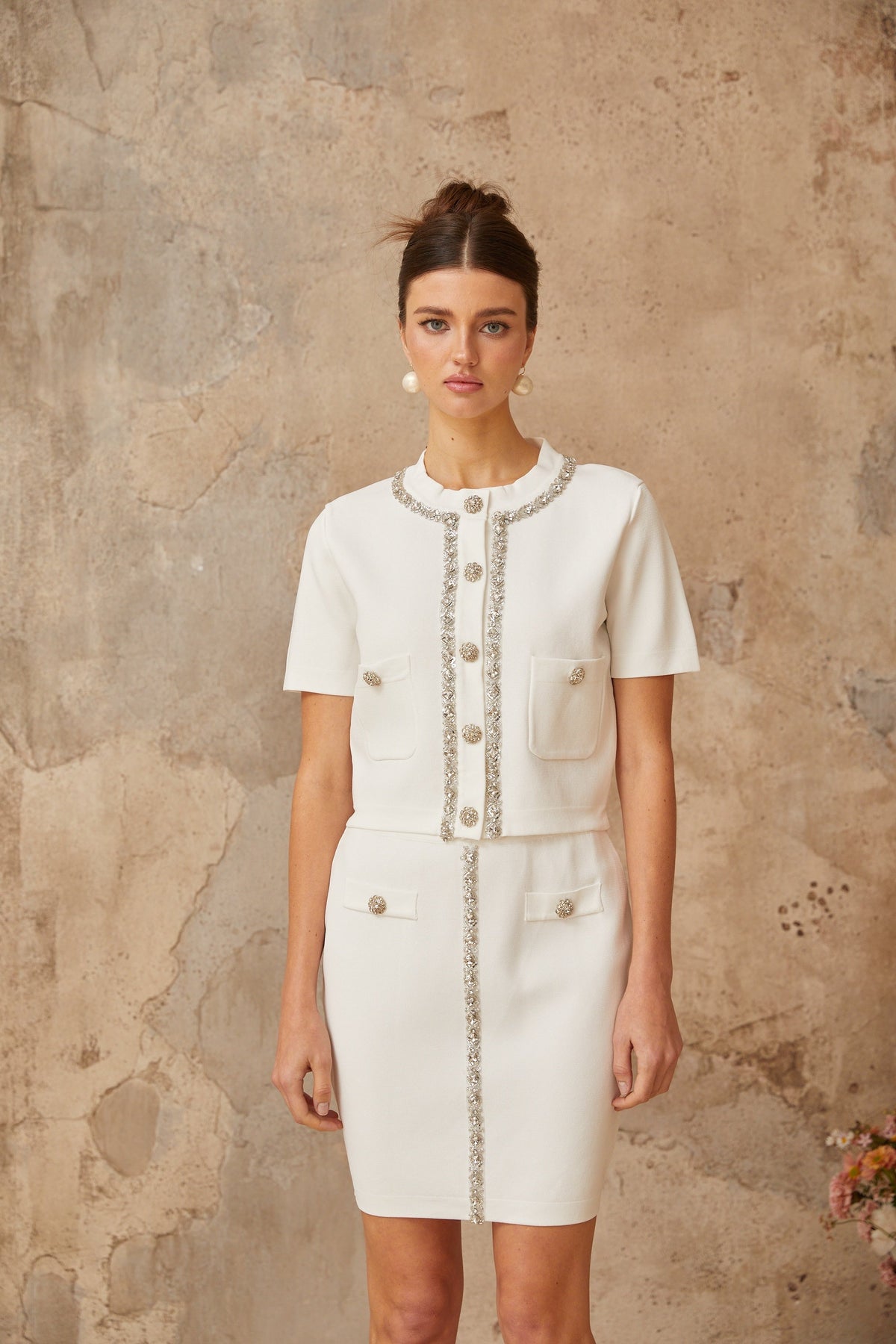 Aurore white crystal-embellished knit top & skirt matching set