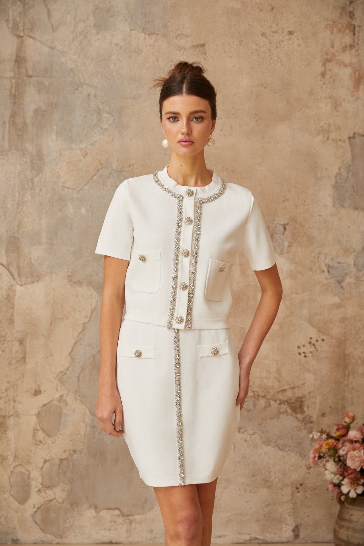 Aurore white crystal-embellished knit top & skirt matching set