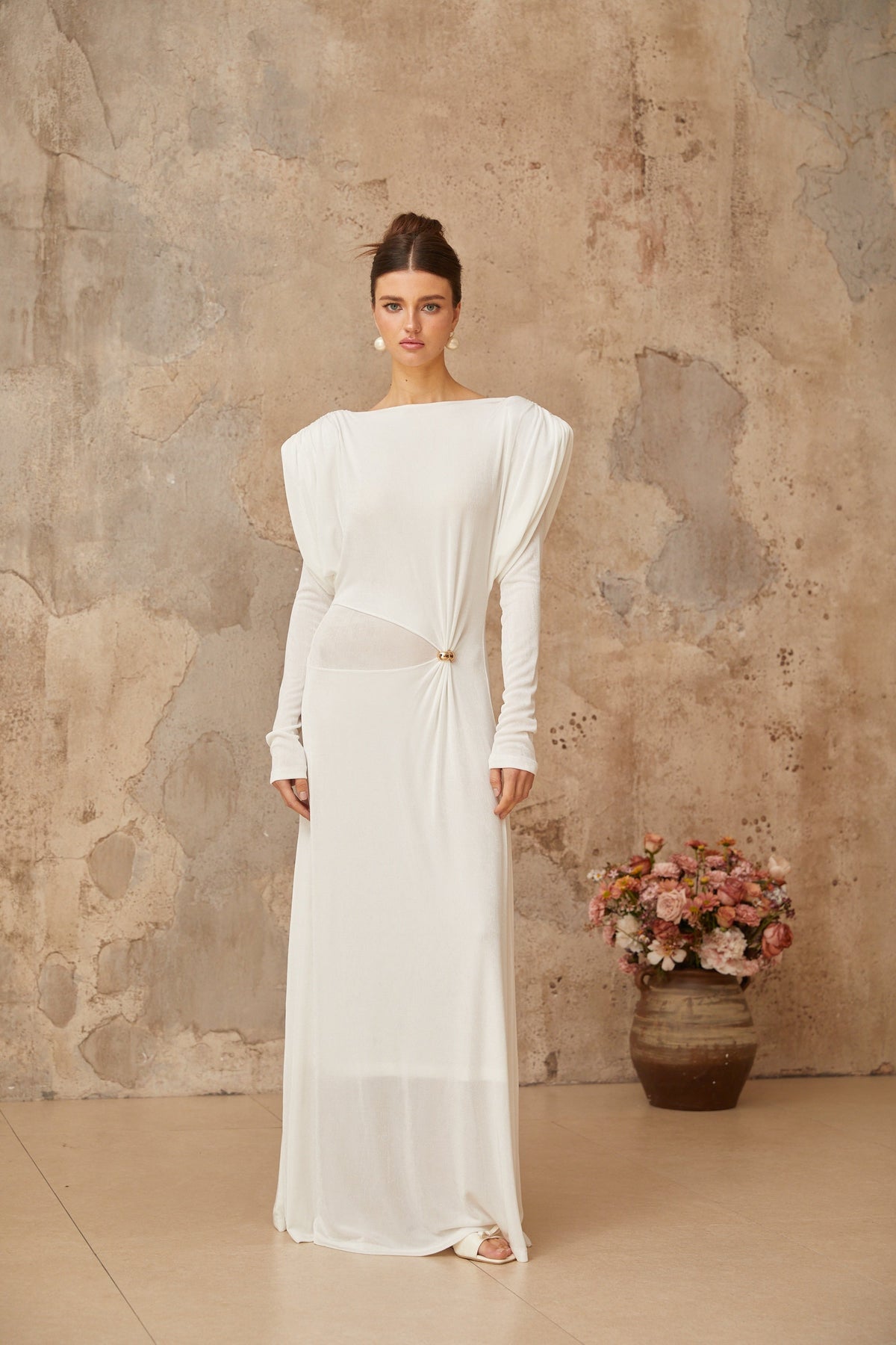 Margot white draped shirred maxi dress