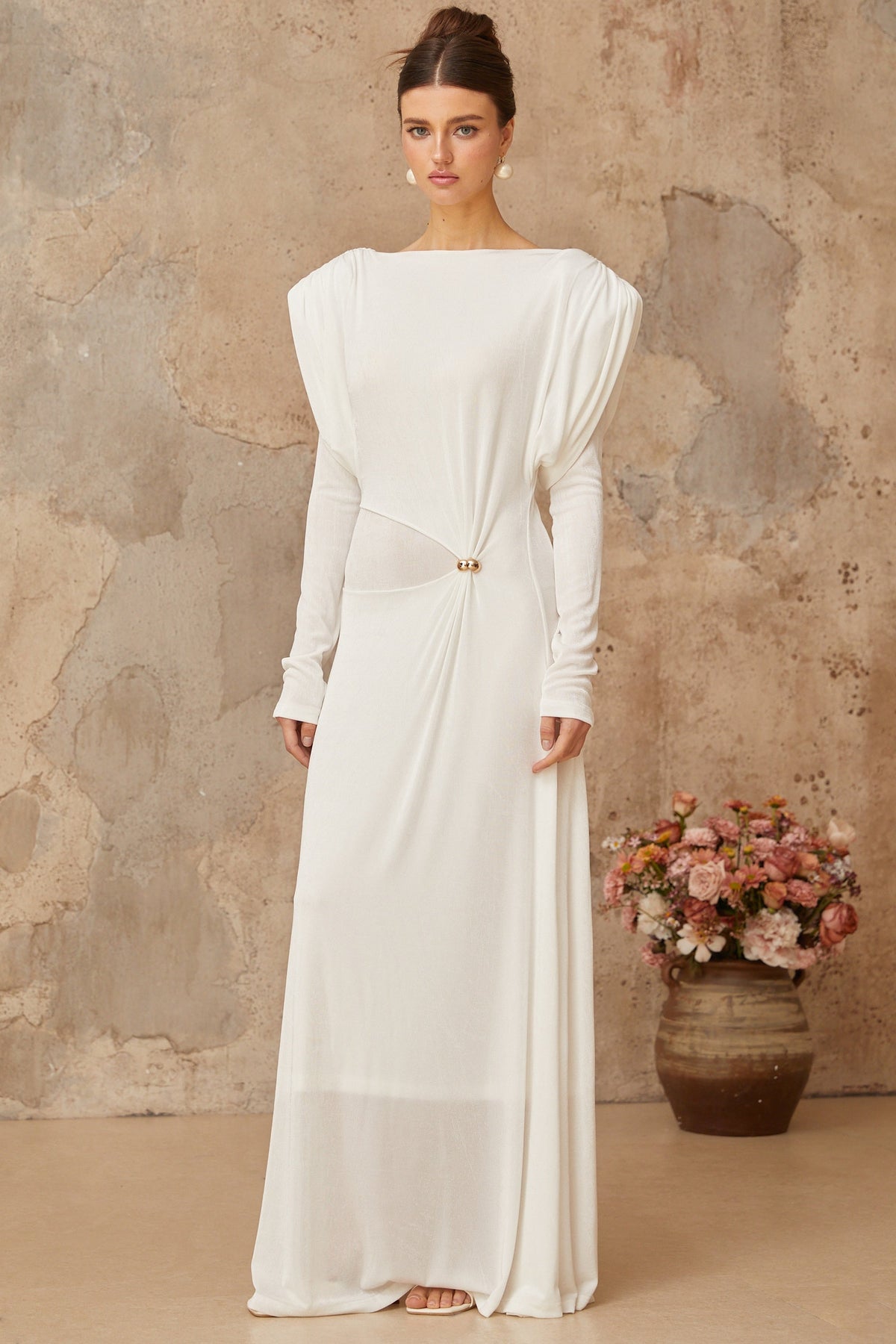 Margot white draped shirred maxi dress