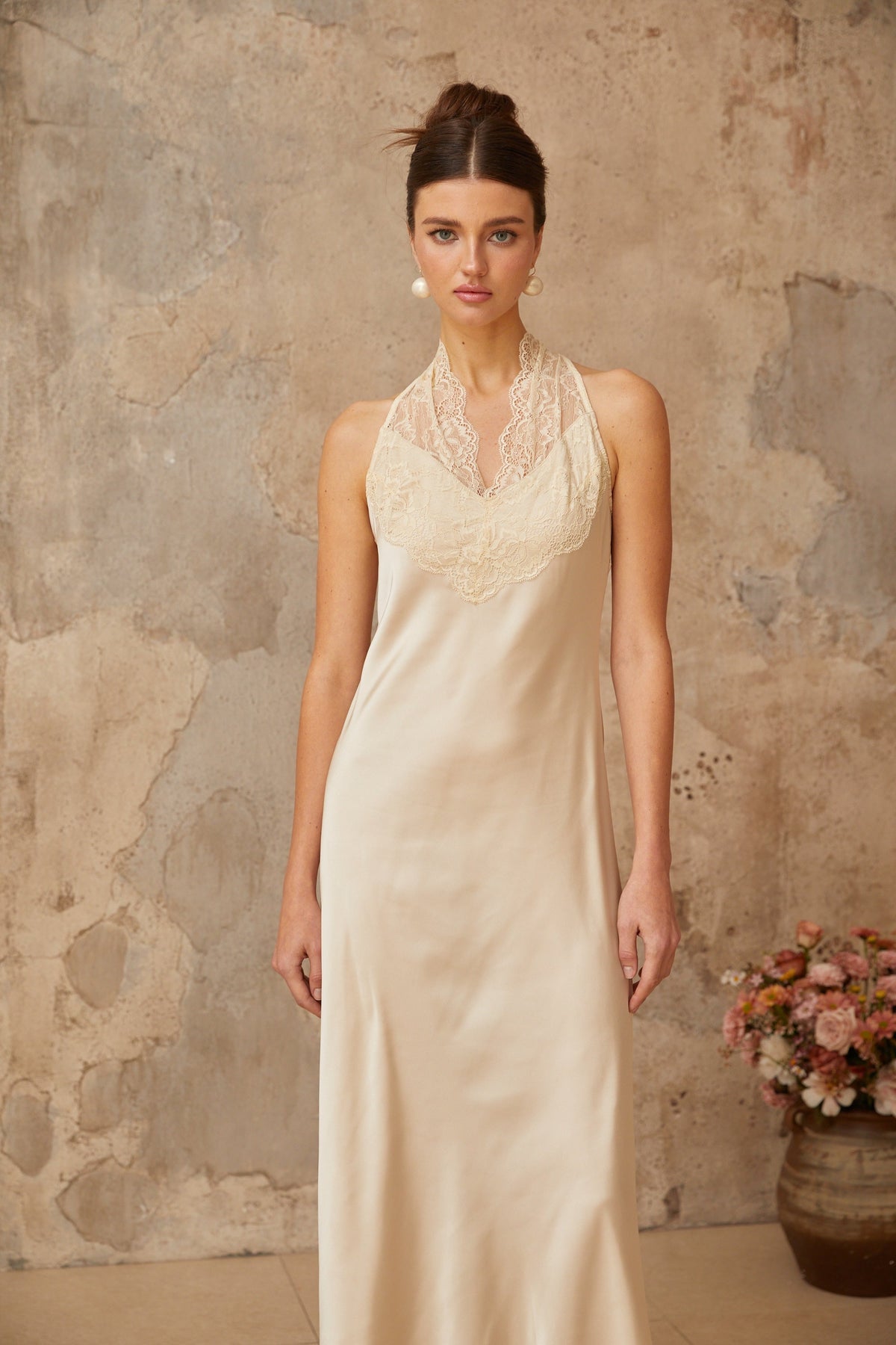 Vera White Lace Trim Satin Maxi Dress