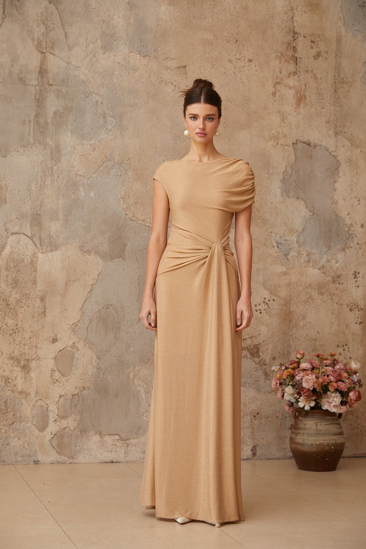 Rosalie gold asymmetrical pleated maxi dress (Final Sale)