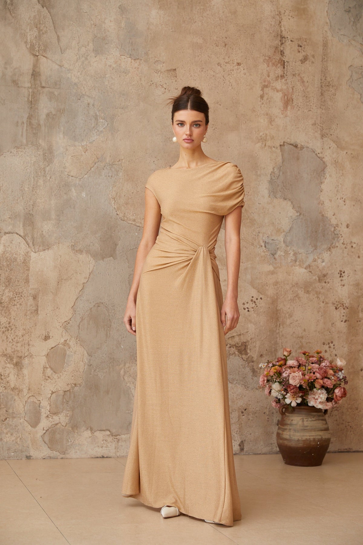Rosalie gold asymmetrical pleated maxi dress (Final Sale)