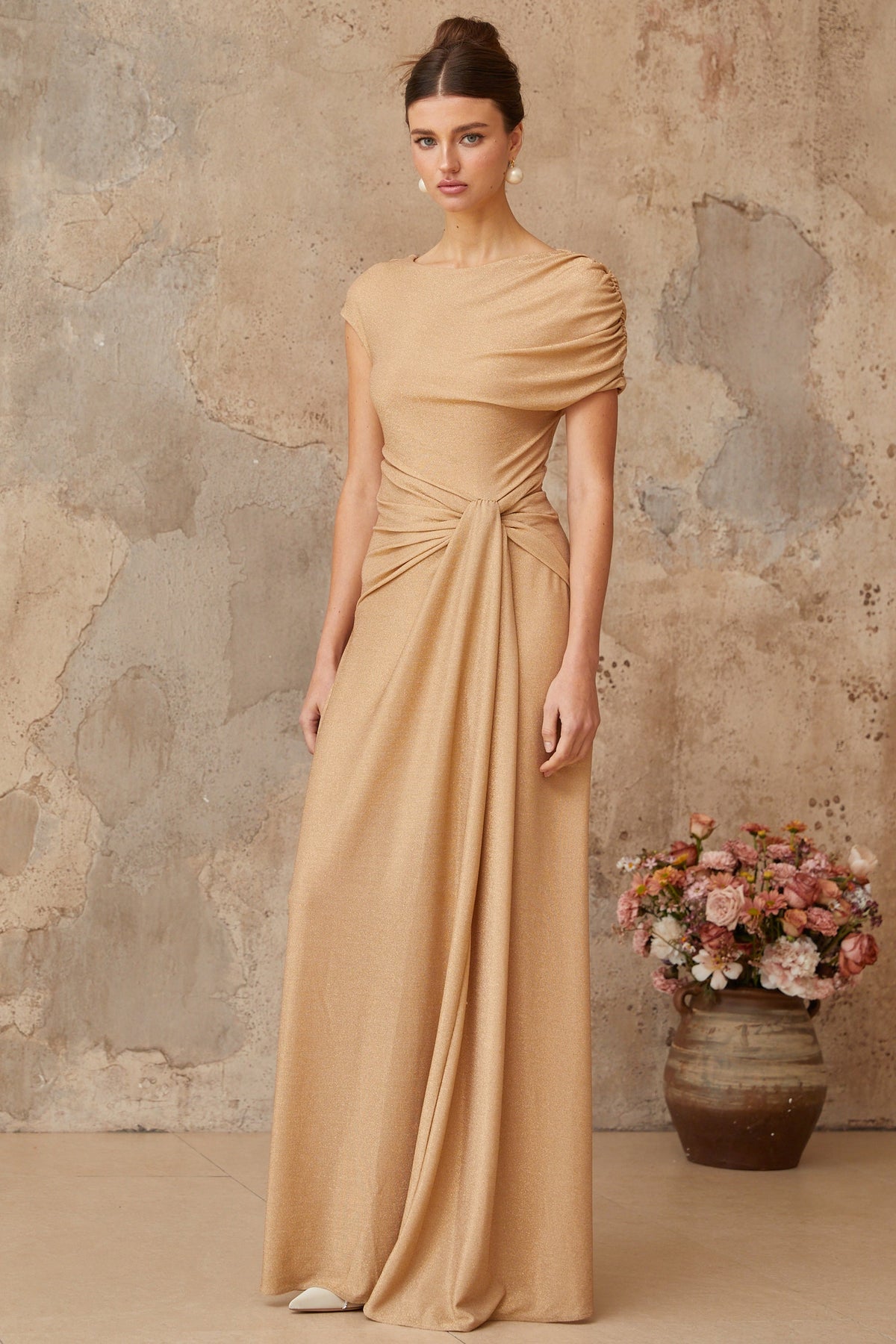 Rosalie gold asymmetrical pleated maxi dress (Final Sale)