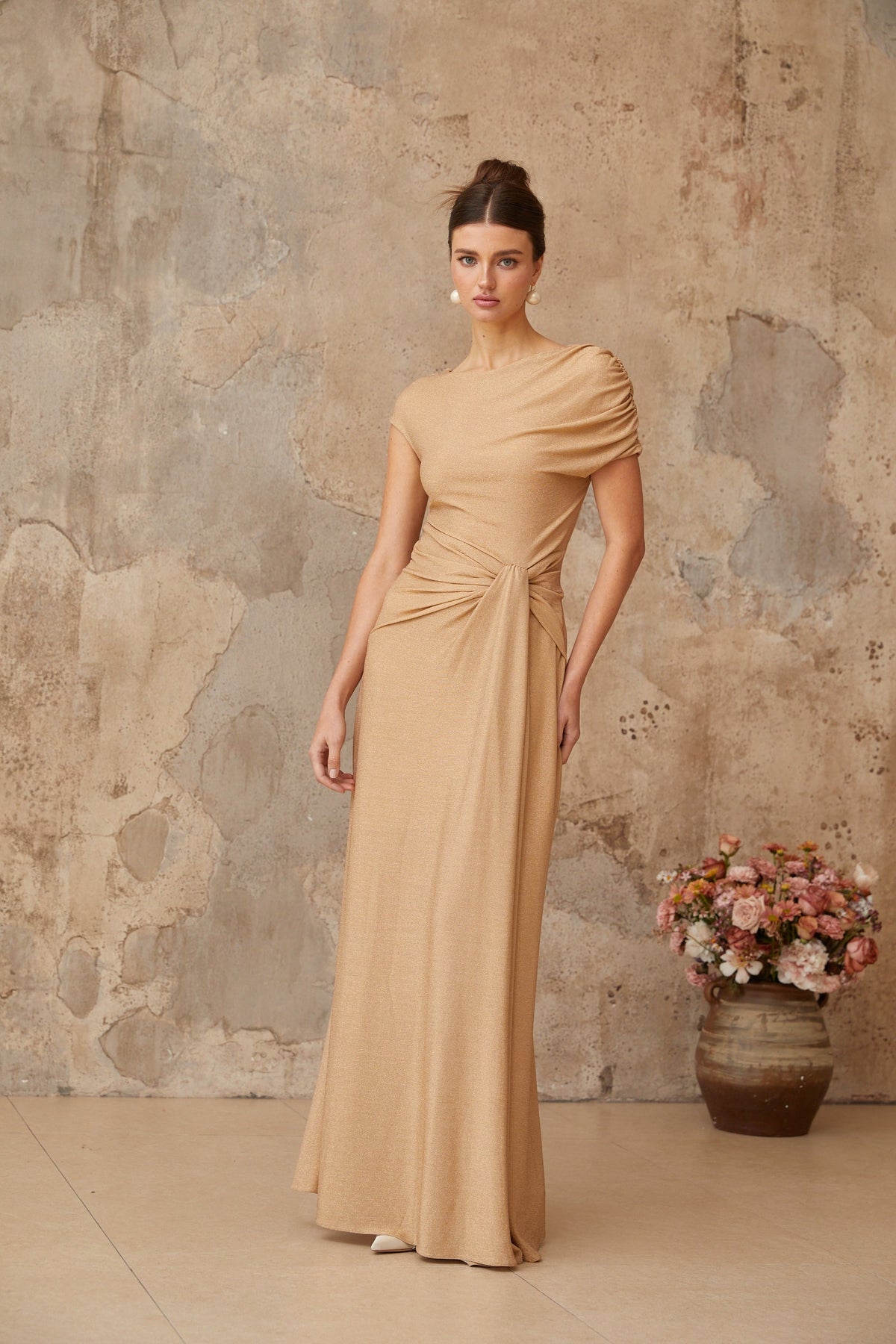 Rosalie gold asymmetrical pleated maxi dress (Final Sale)