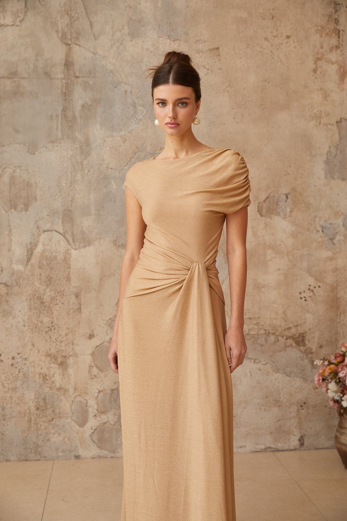 Rosalie gold asymmetrical pleated maxi dress (Final Sale)