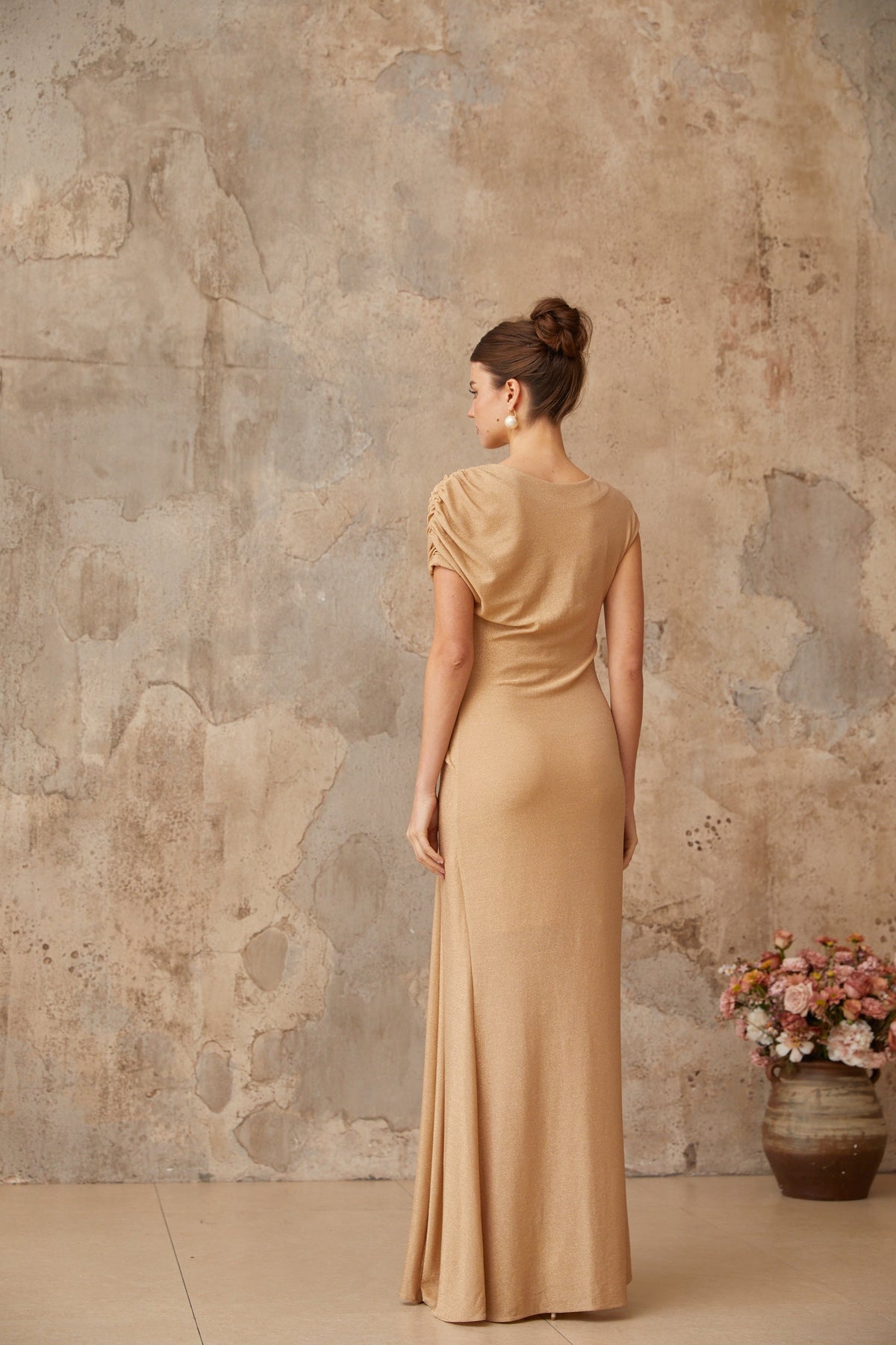 Rosalie gold asymmetrical pleated maxi dress (Final Sale)