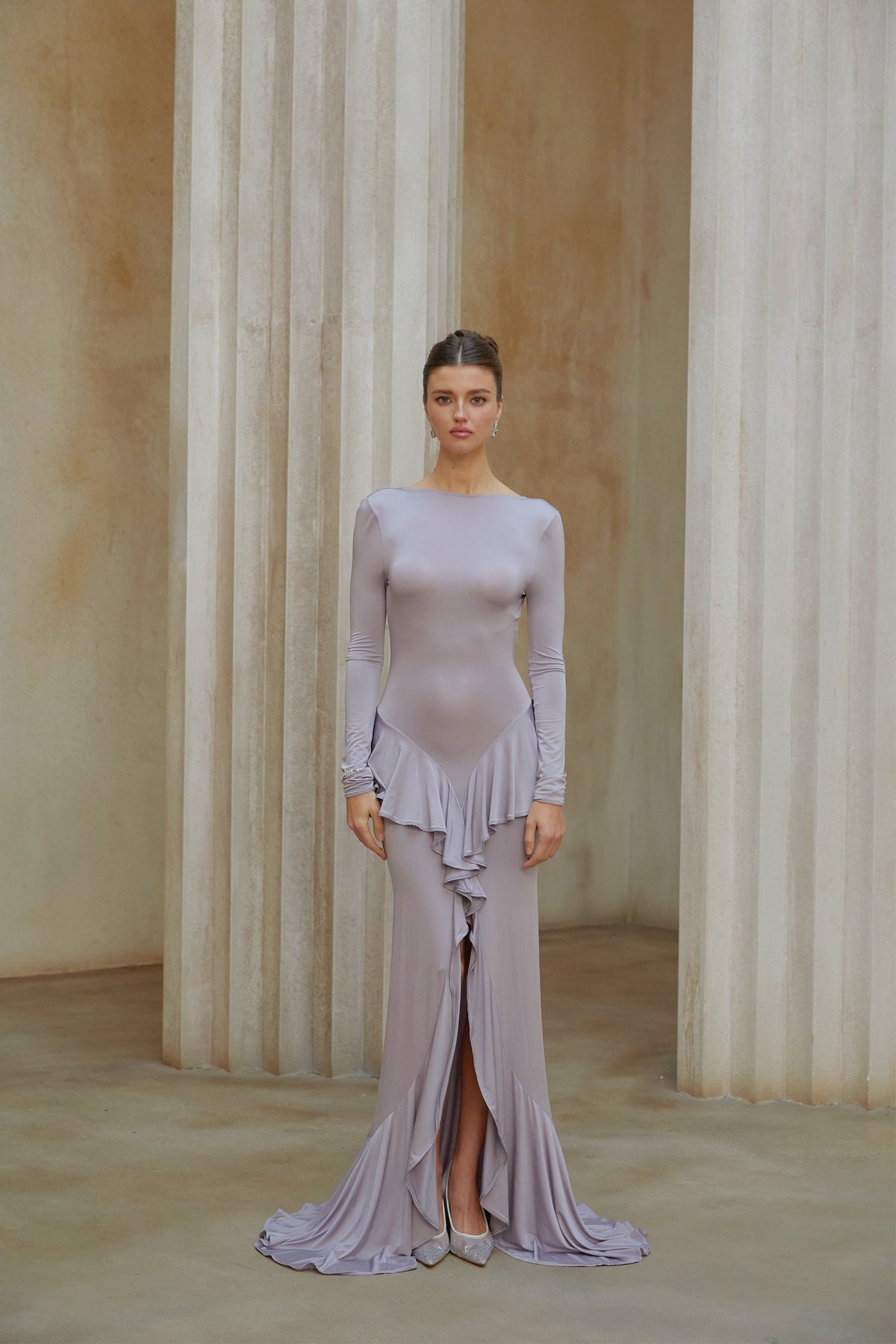 Xenia Purple Ruffle Detail Maxi Dress with Front Slit (Final Sale-US Only)