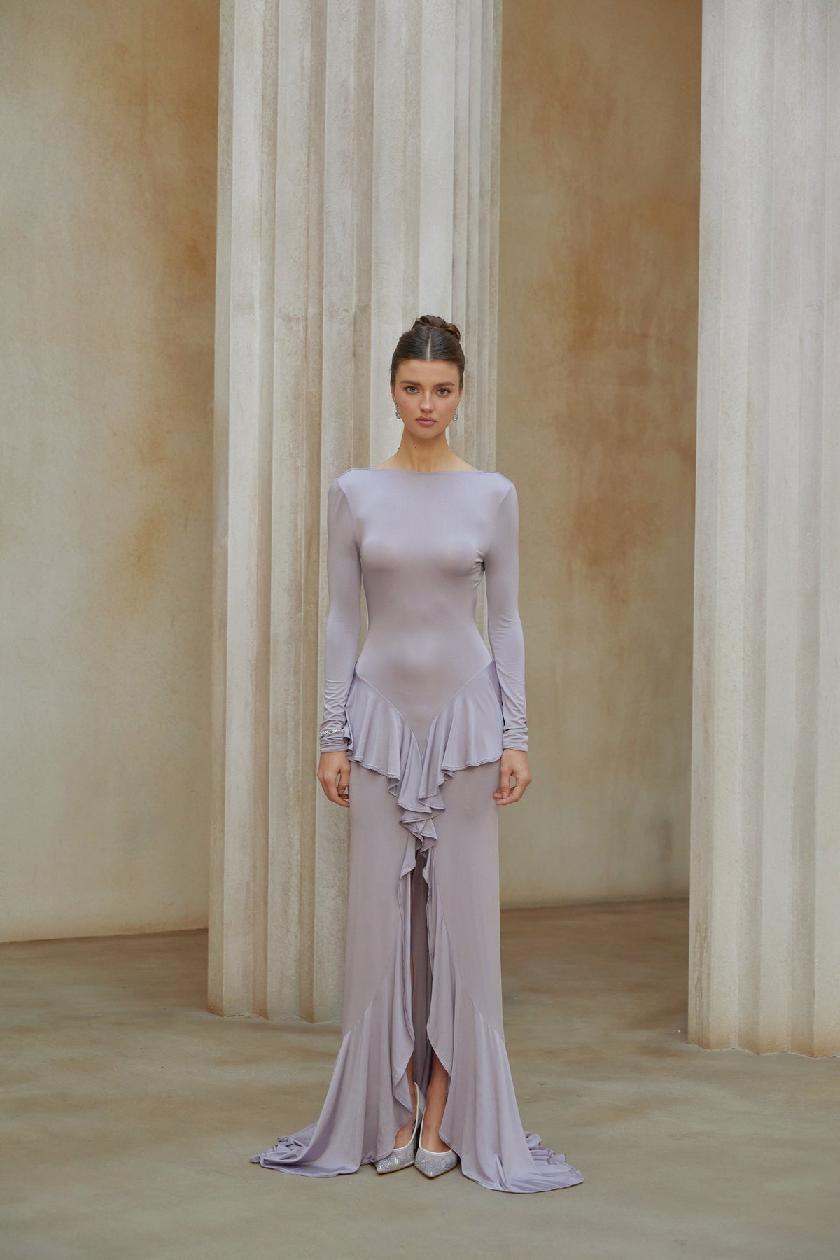 Xenia Purple Ruffle Detail Maxi Dress with Front Slit (Final Sale-US Only)