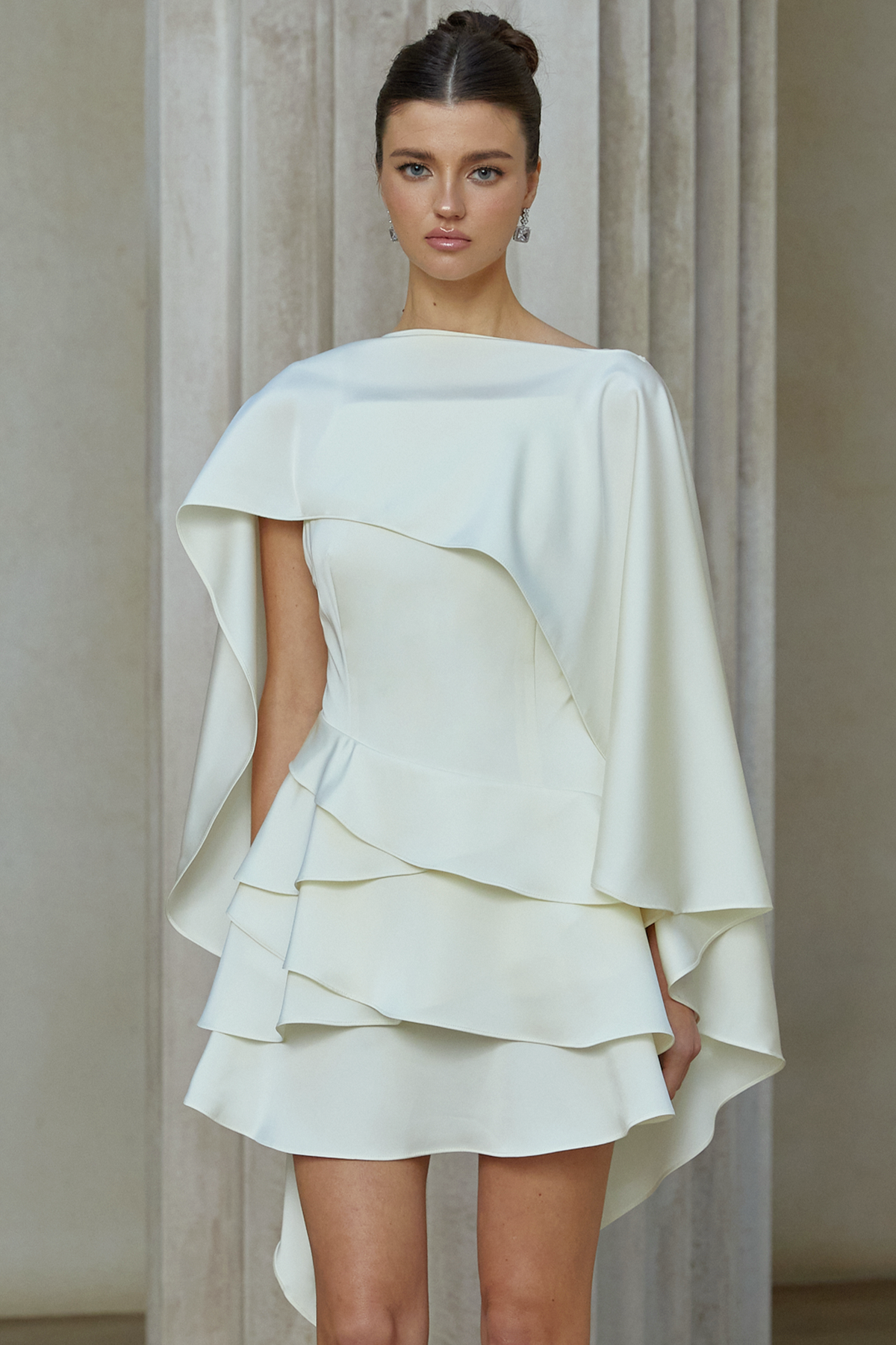 Lyna White Satin Ruffled Mini Dress with Shawl Panel Detail