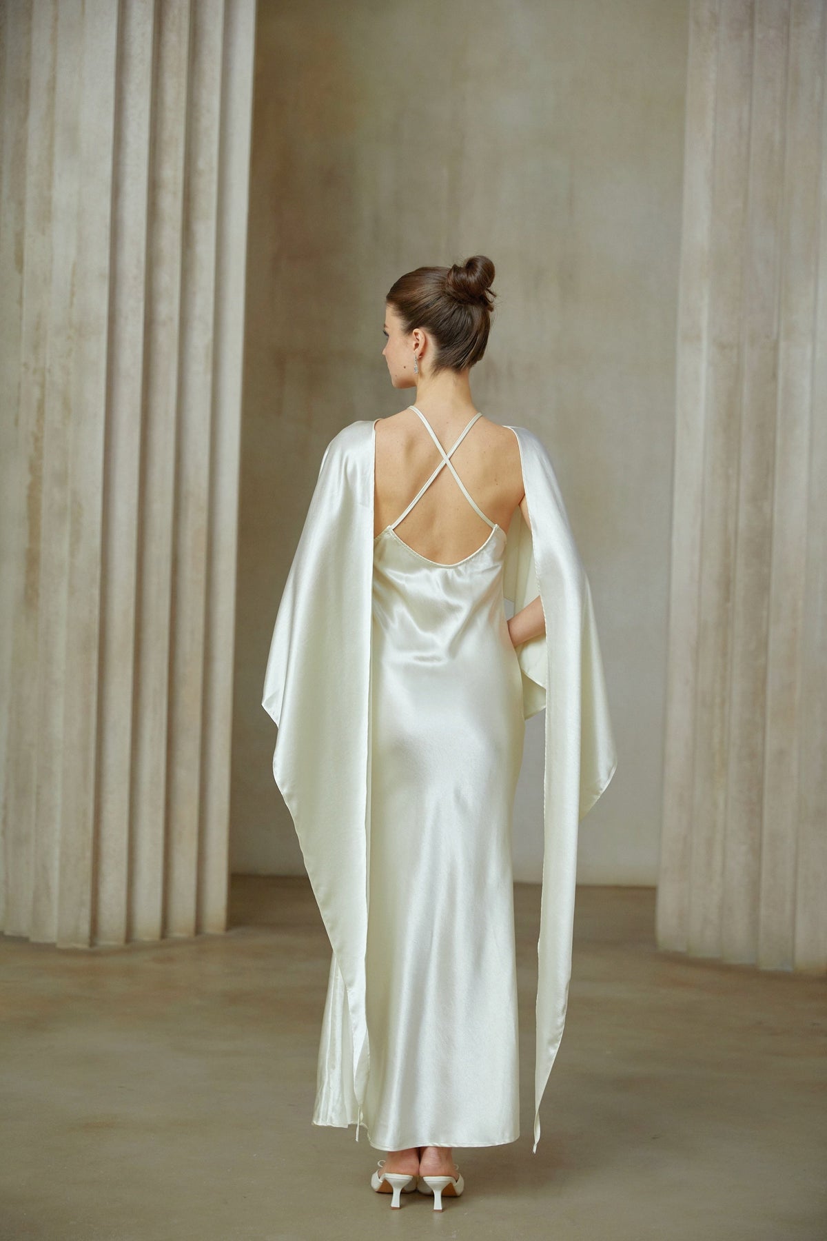 Rosalie white shawl-panel satin maxi dress