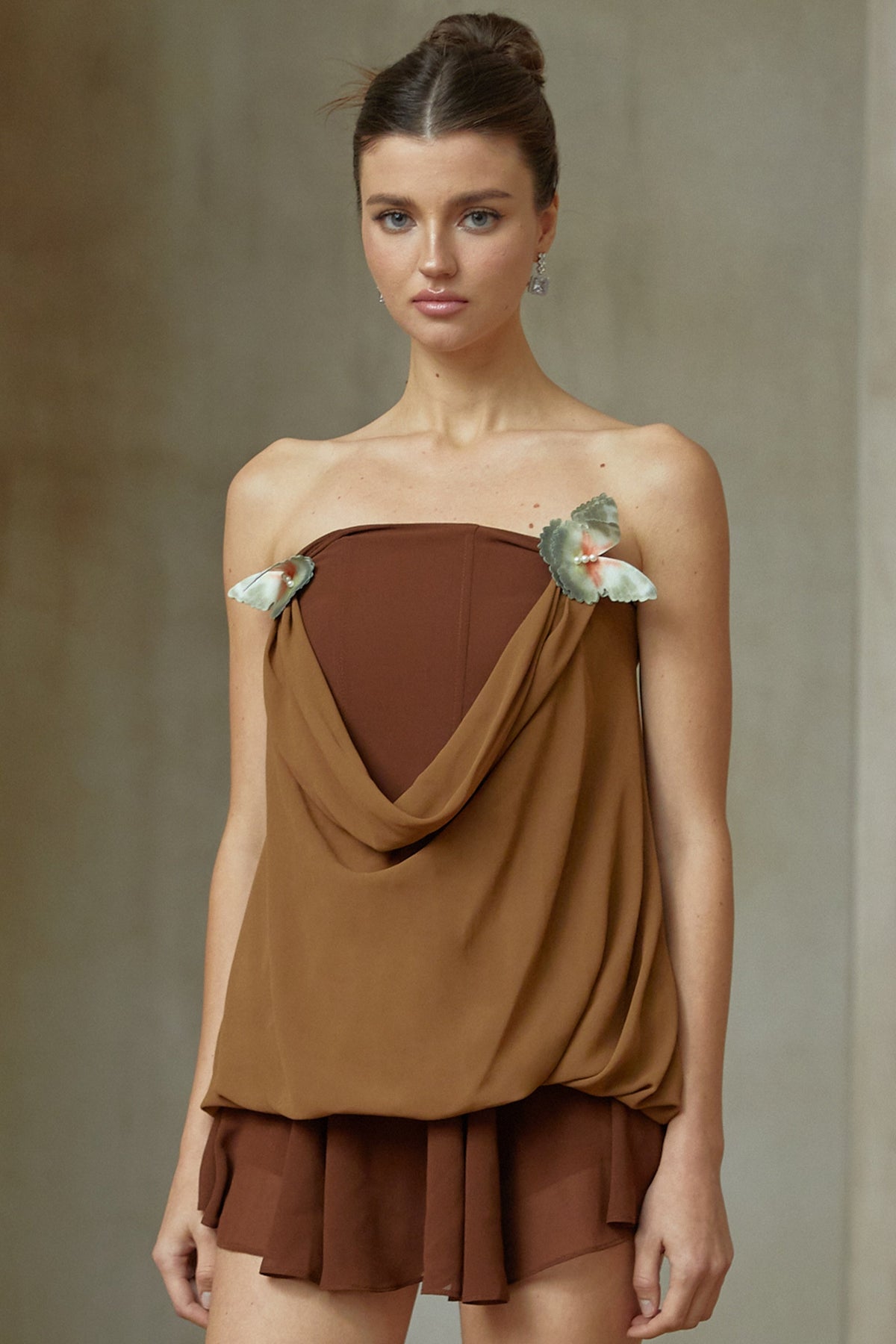 Vanessa brown butterfly-pin panelled top & skirt matching set (Final Sale)