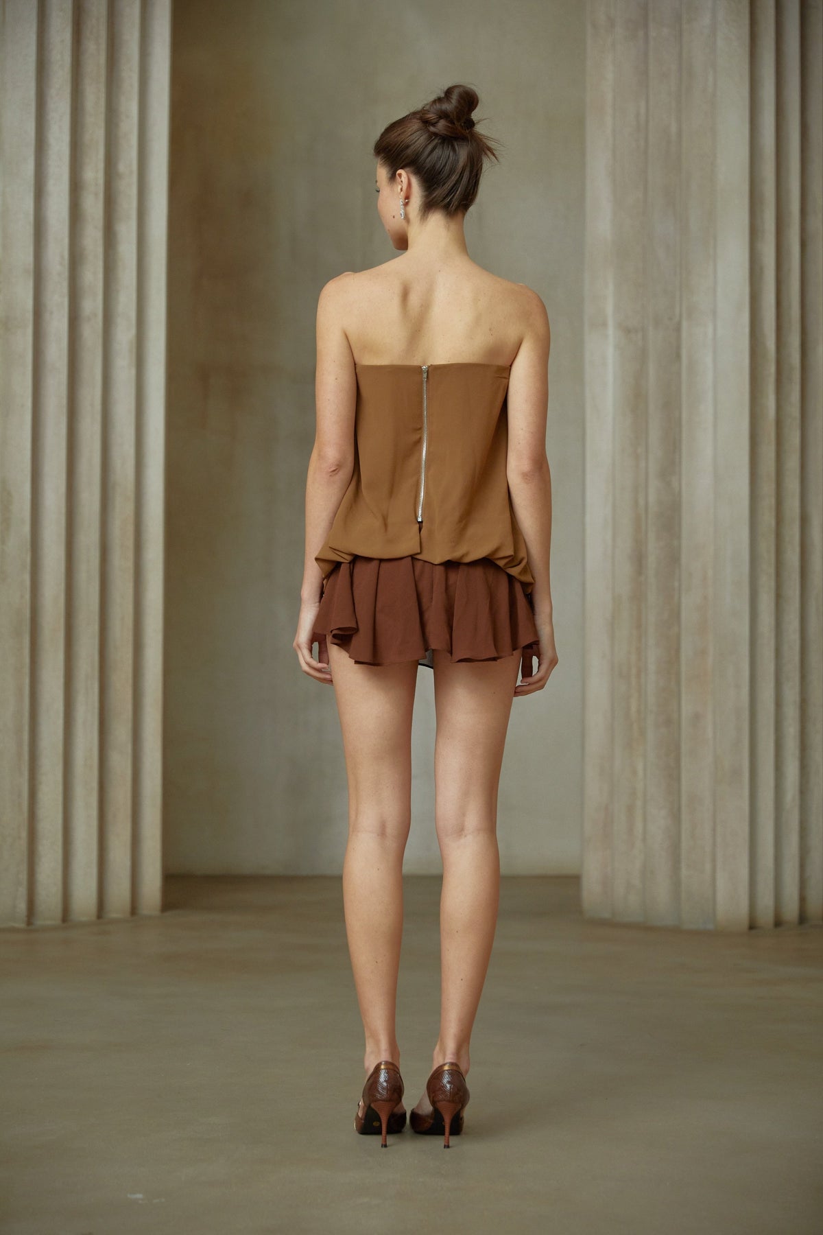 Vanessa brown butterfly-pin panelled top & skirt matching set (Final Sale)