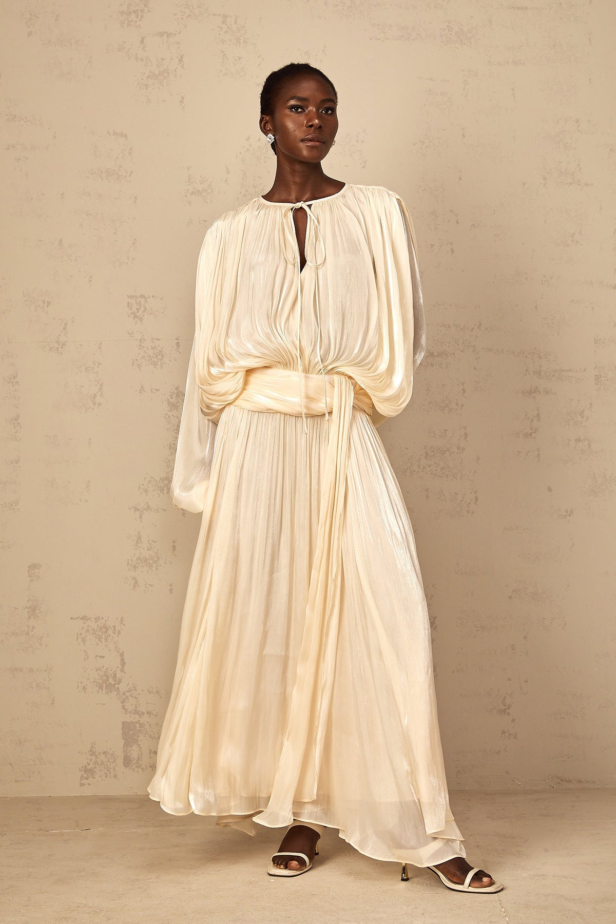 Eugénie Pleated Ruffle Maxi Dress in Neutral (Final Sale-US Only)