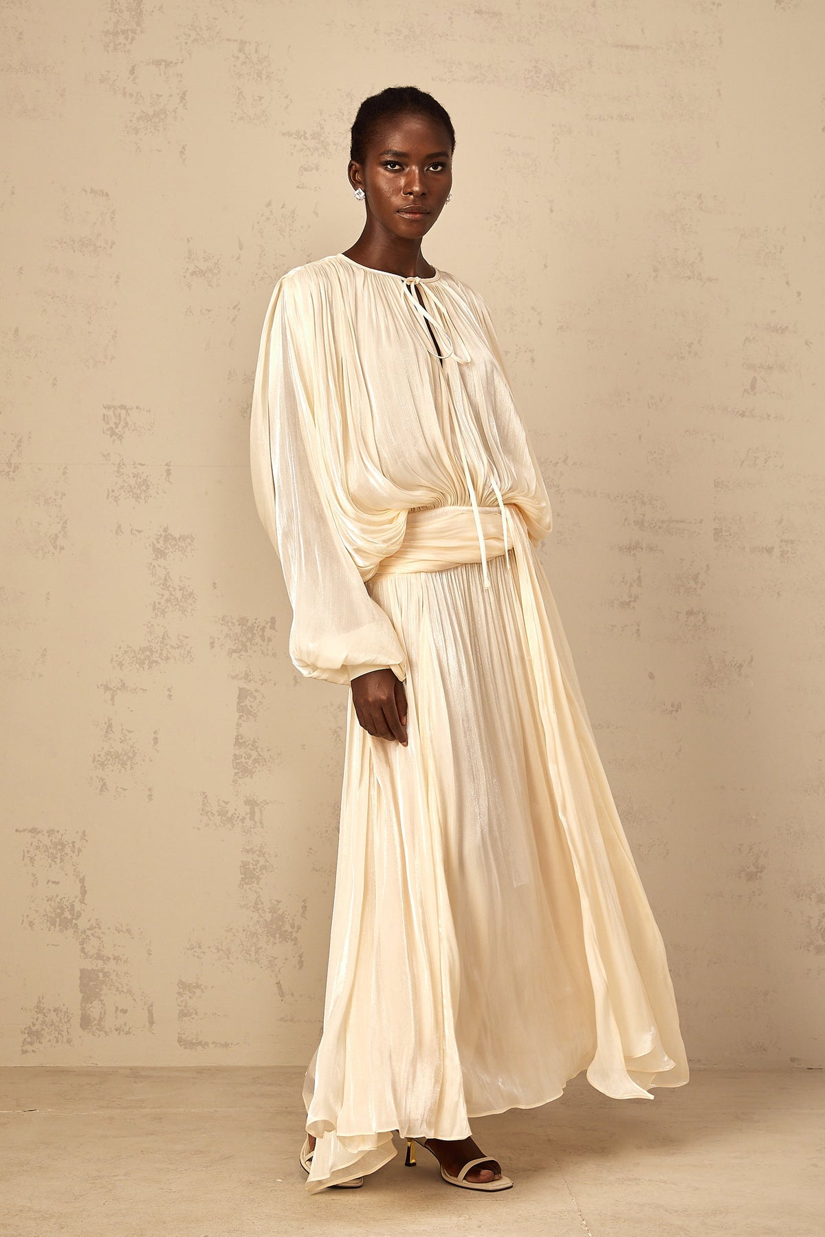 Eugénie Pleated Ruffle Maxi Dress in Neutral (Final Sale-US Only)