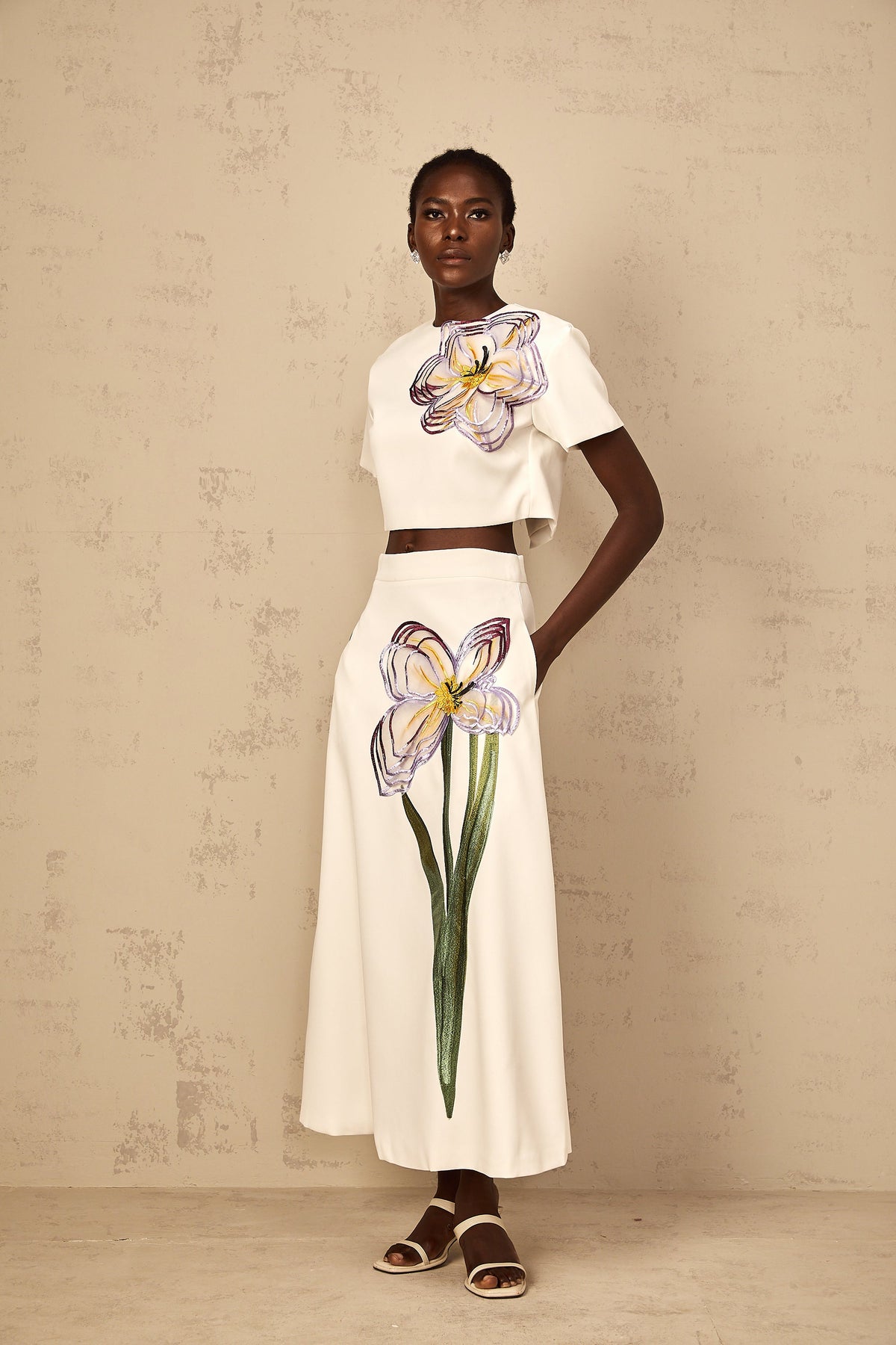 Irène White Sequin Floral Embroidered Matching Set