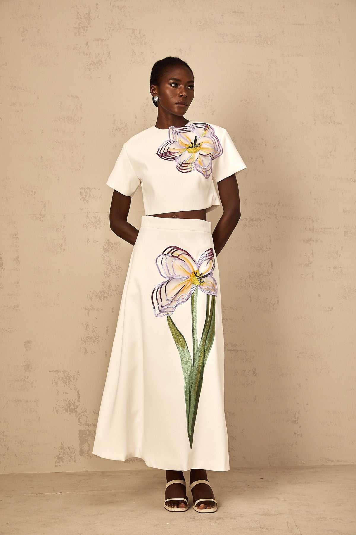 Irène White Sequin Floral Embroidered Matching Set