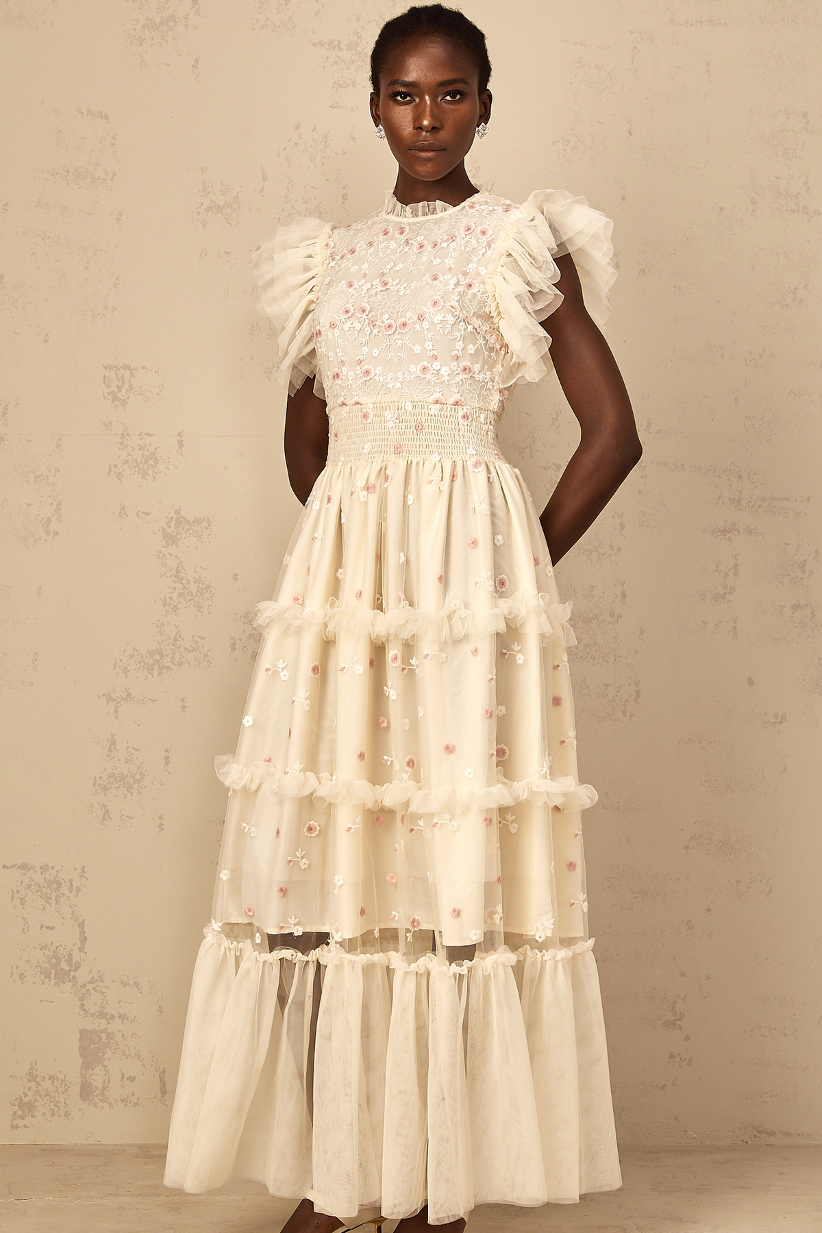 Caméo Cream White Floral Embroidered Tiered Tulle Maxi Dress (Final Sale-US Only)