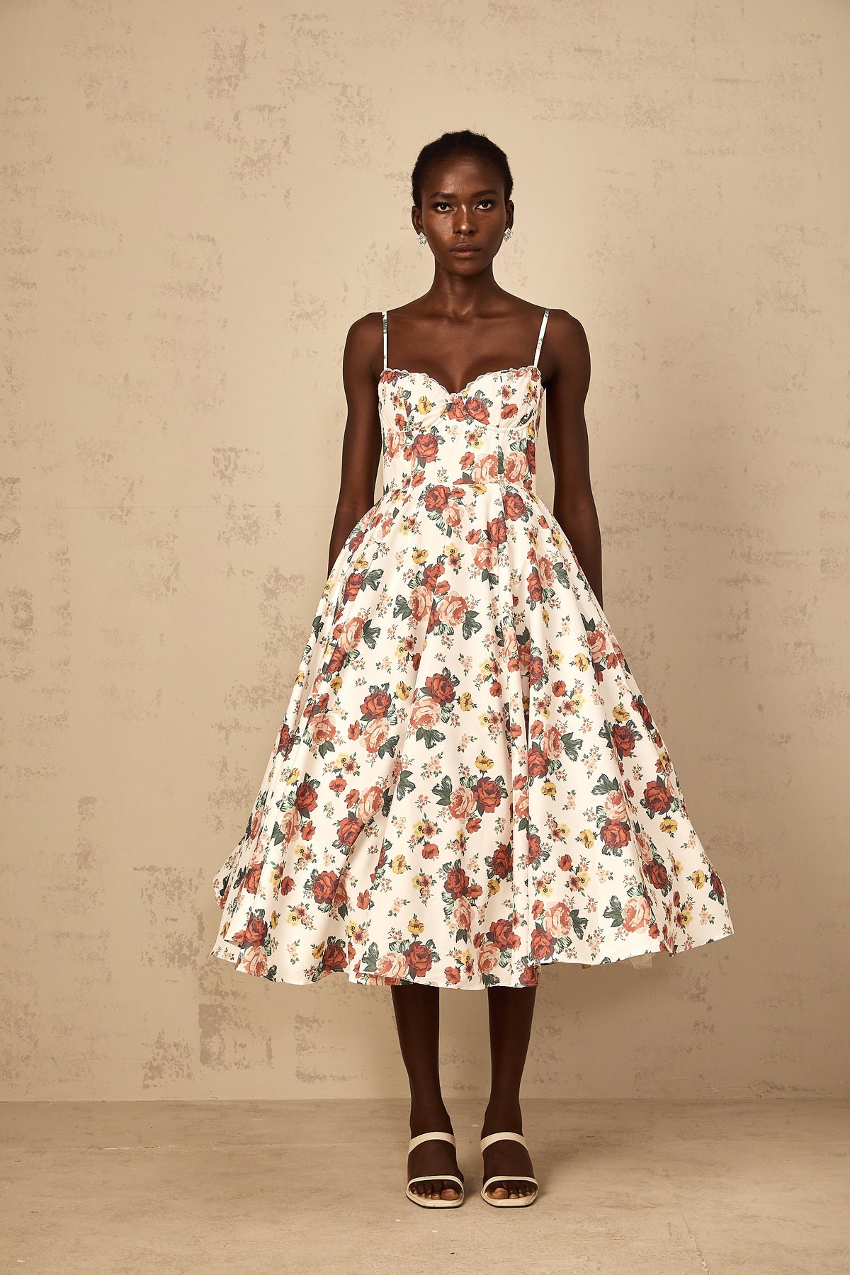 Airelle White Rose Print Flounced Midi Dress