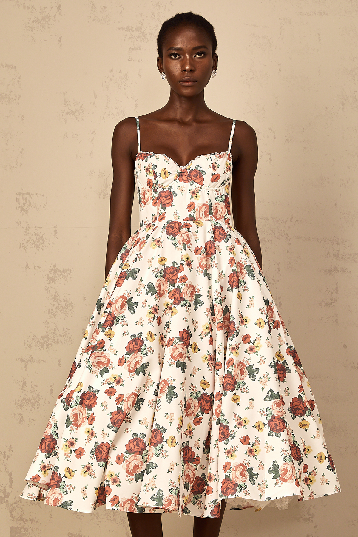 Airelle White Rose Print Flounced Midi Dress
