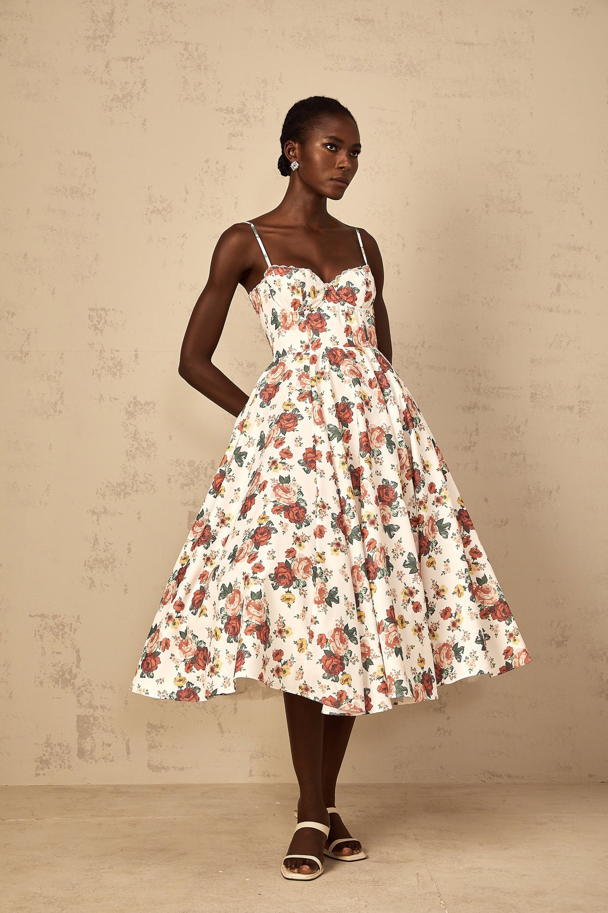 Airelle White Rose Print Flounced Midi Dress