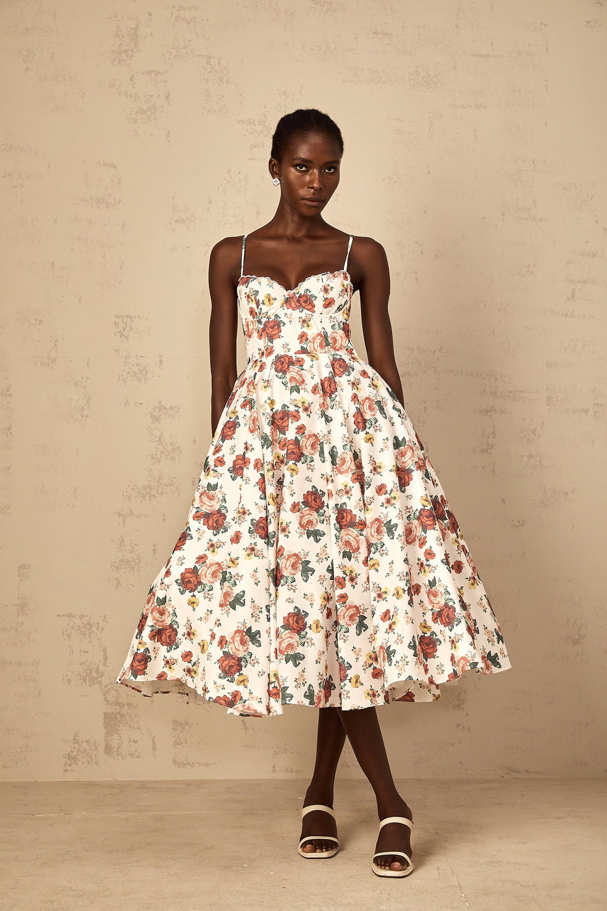 Airelle White Rose Print Flounced Midi Dress
